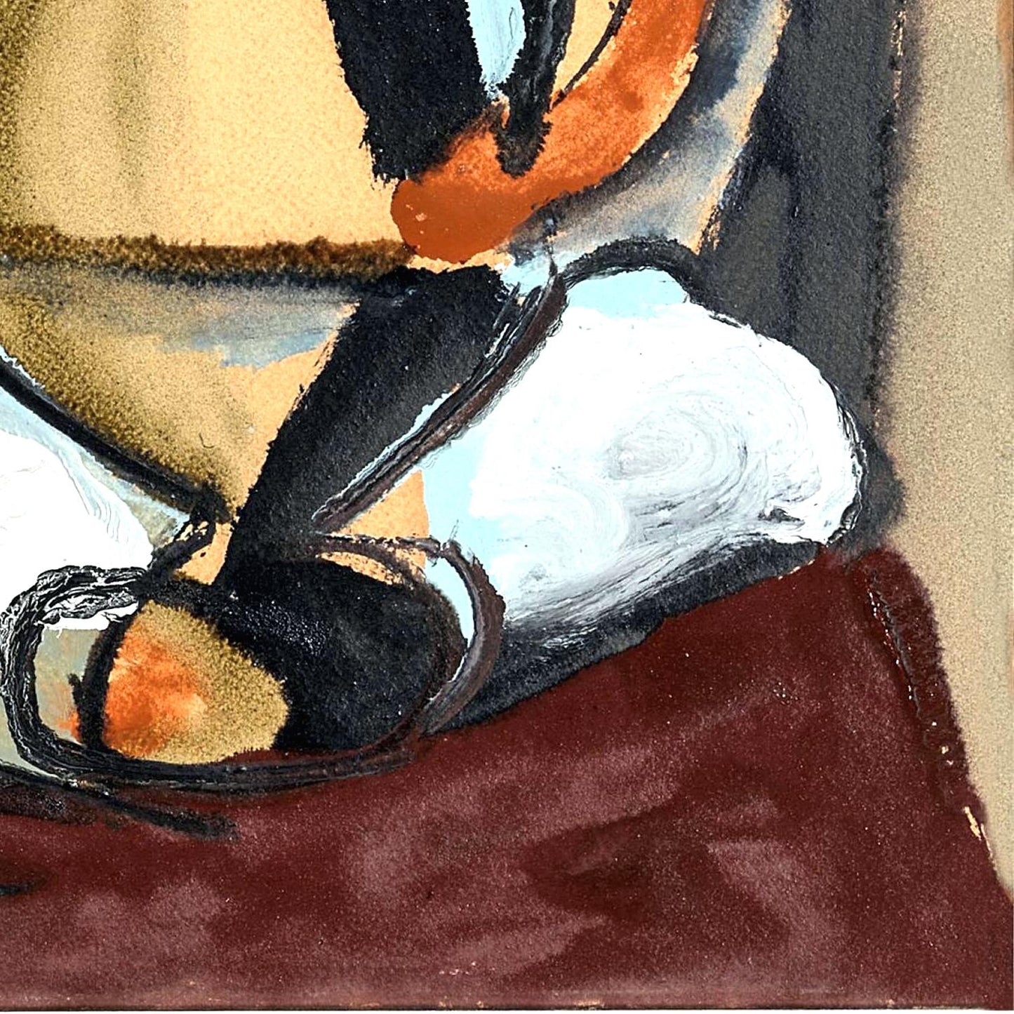 Abstract painting with a penguin-like figure in a surreal setting