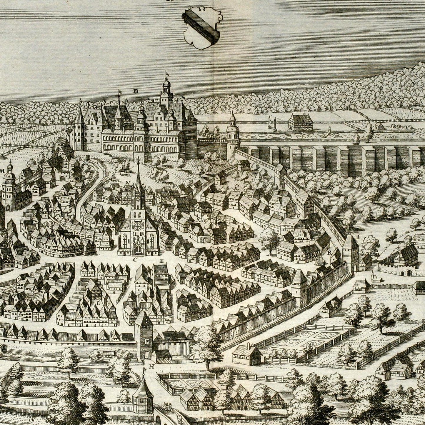 Vintage illustration of a town layout with buildings and a castle.
