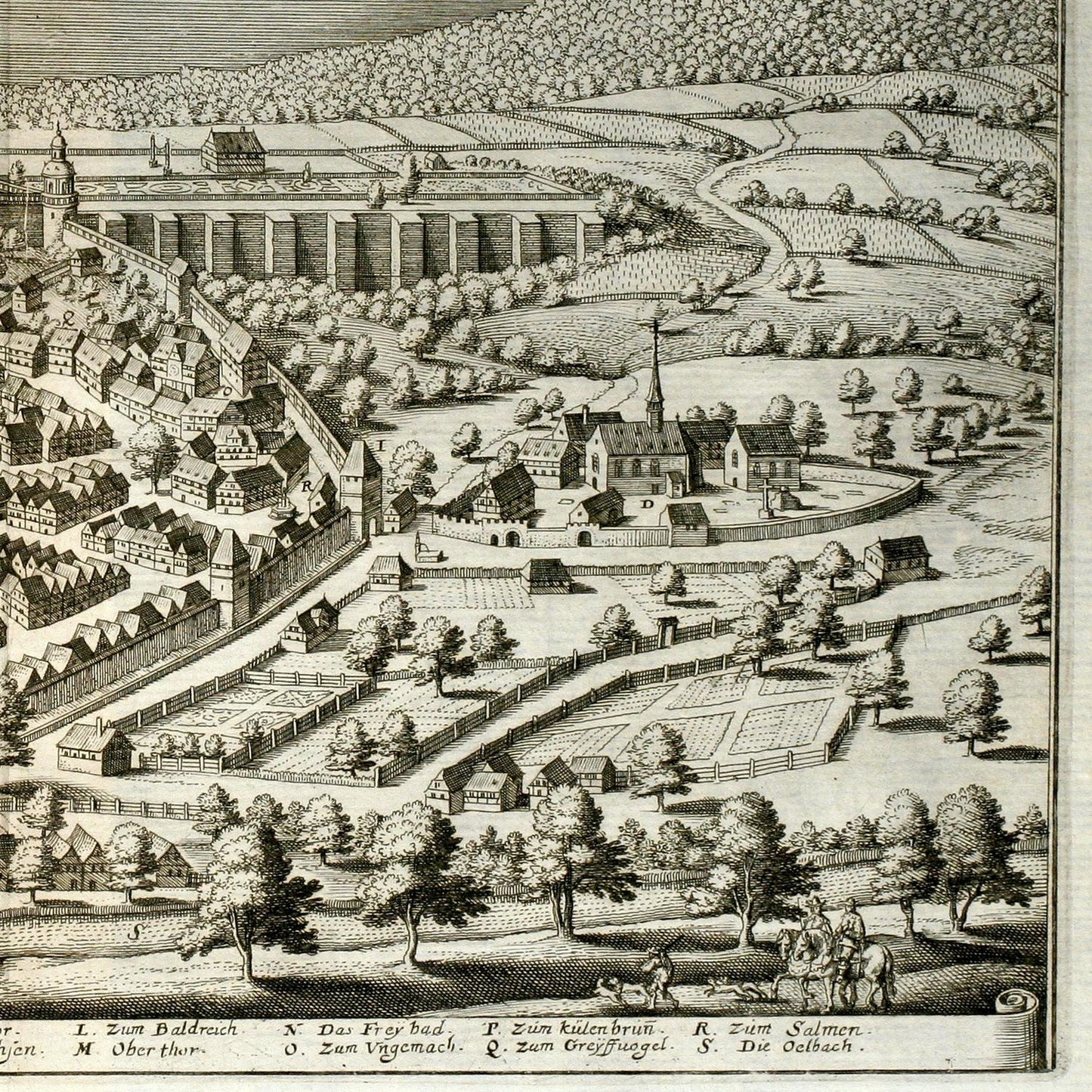 Vintage engraving of a town layout with buildings and green spaces