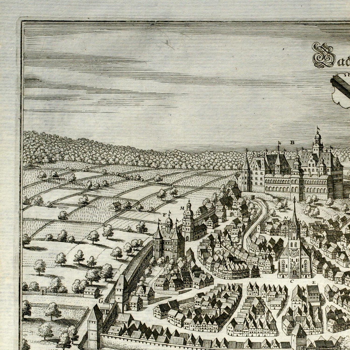 Vintage illustration of a town with a large castle-like building