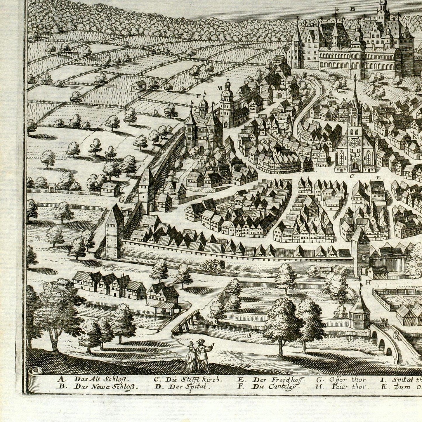 Vintage illustration of a town layout with buildings and roads