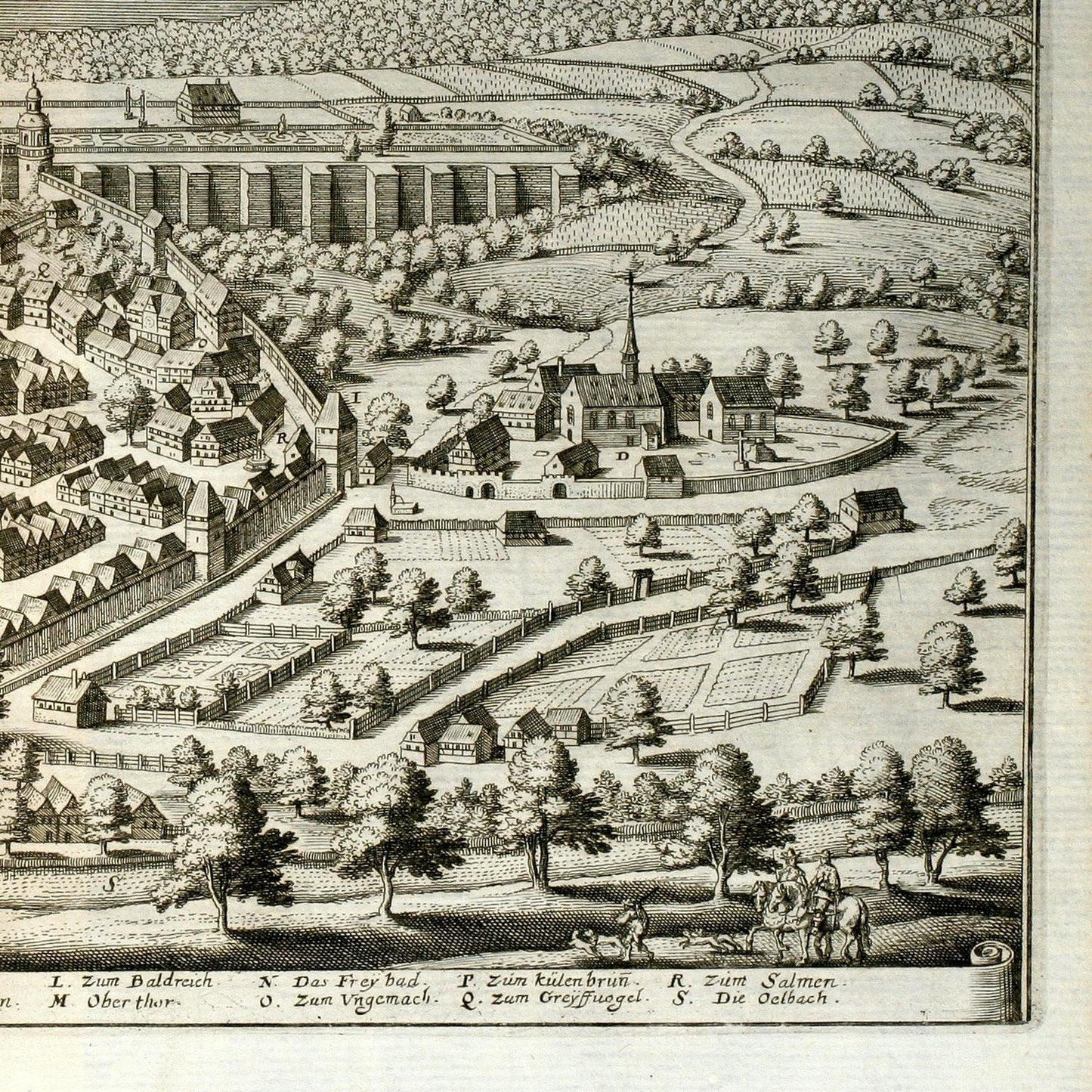 Vintage engraving of a town with buildings, trees, and a river