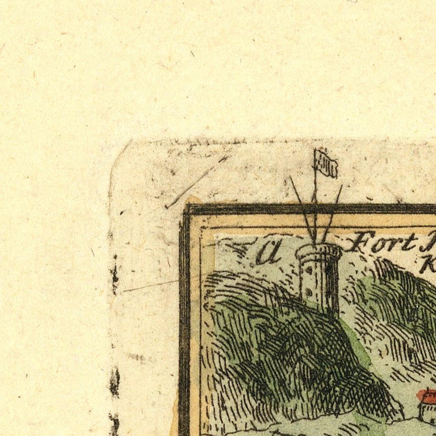 Vintage illustration of a fort on a map with a yellowed paper background