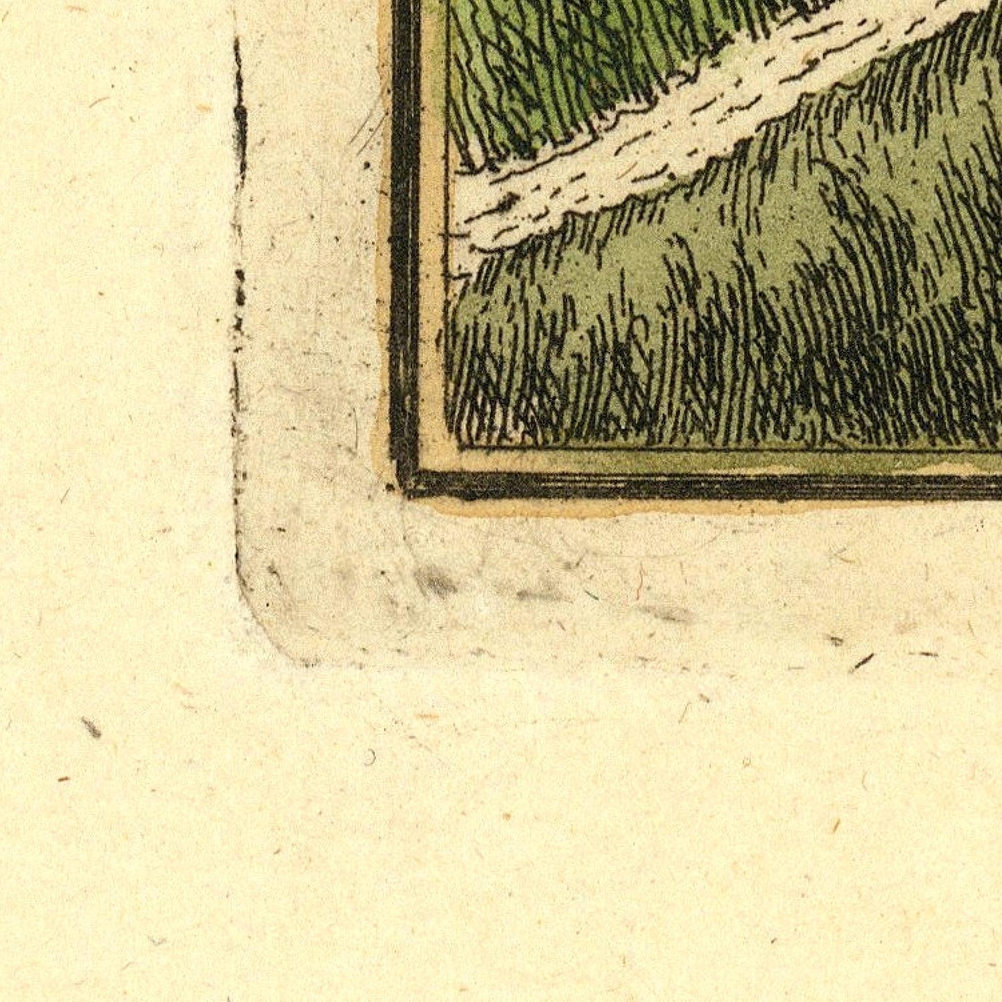 Close-up of a vintage illustration with green grass and a path on a textured beige background.