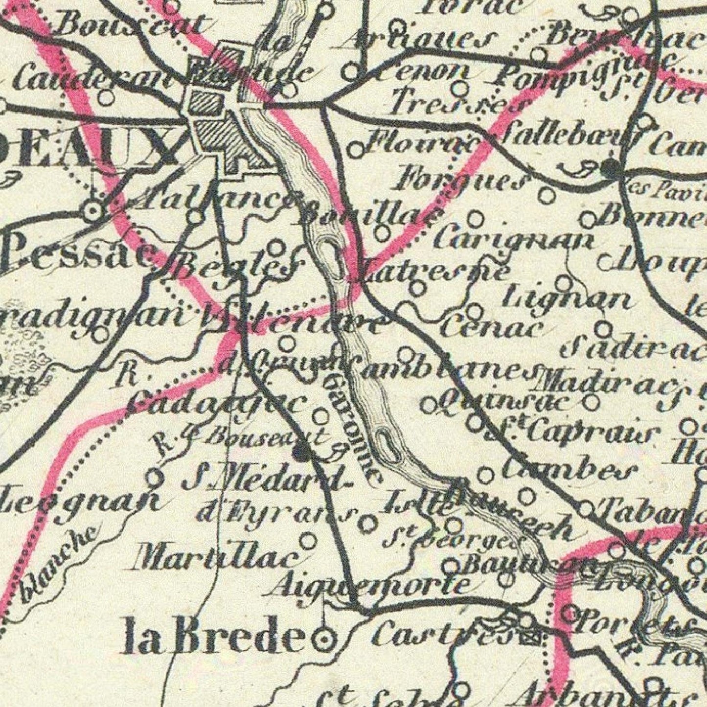 Vintage map of a region with labeled places and roads