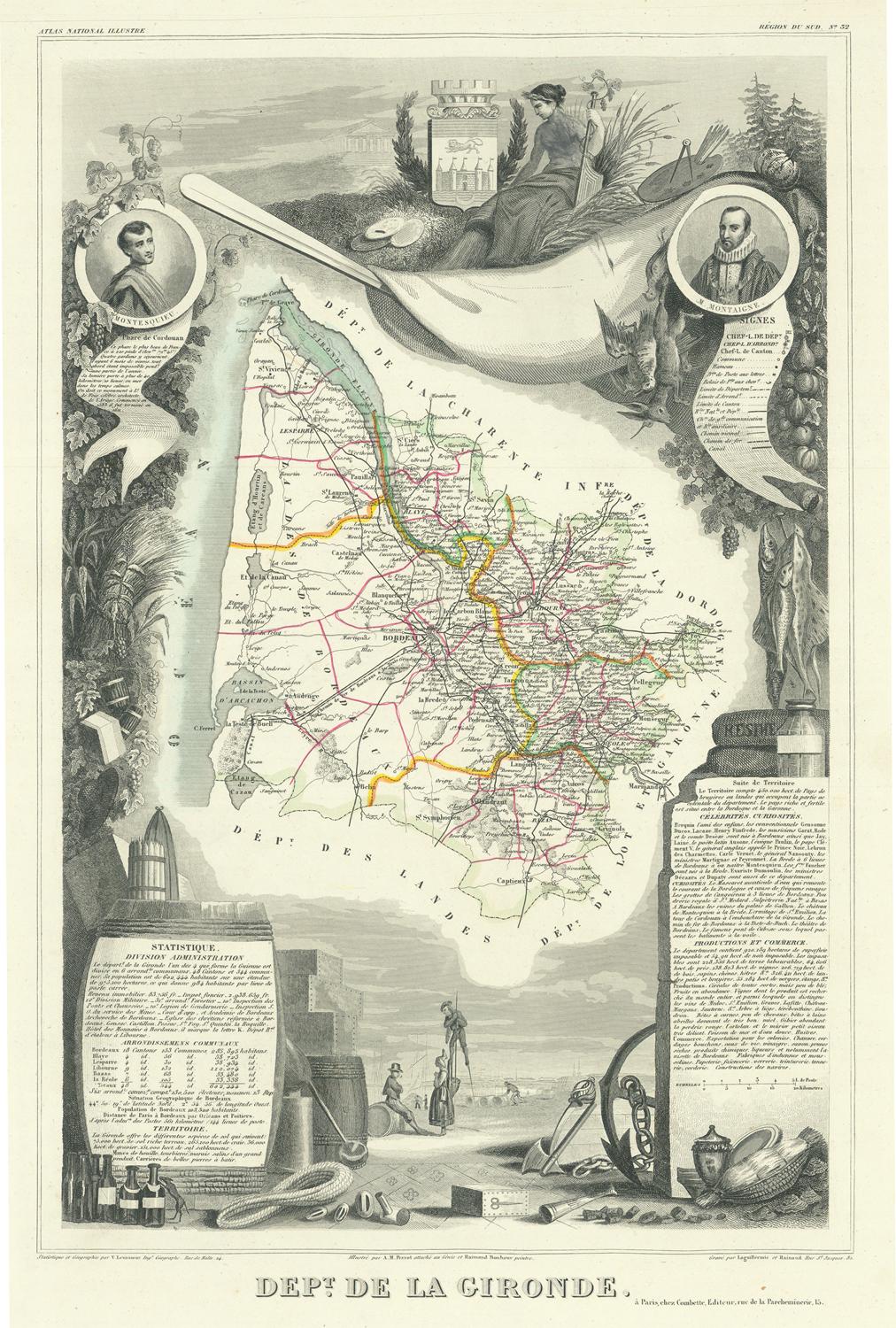 Vintage map of the Département de la Gironde with decorative elements and portraits.