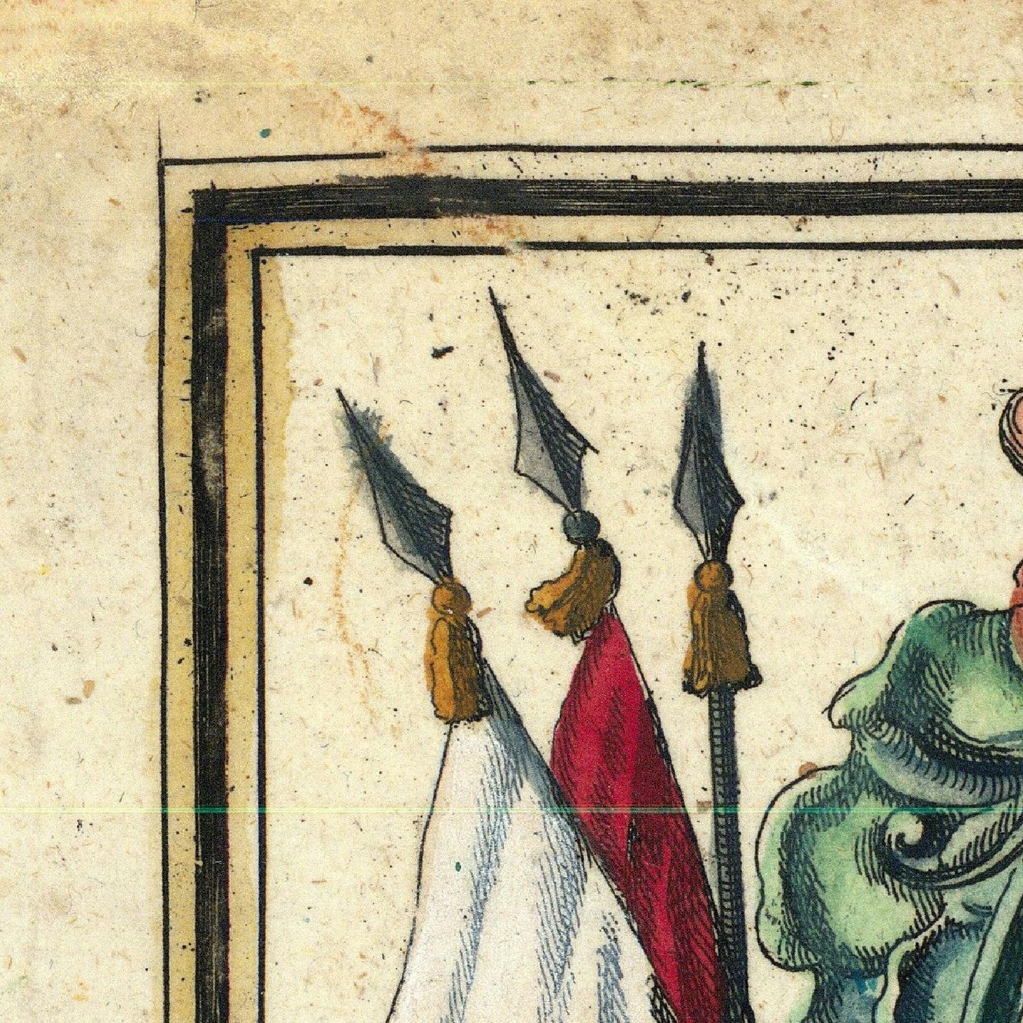 Decorative illustration of figures with spears on a textured background