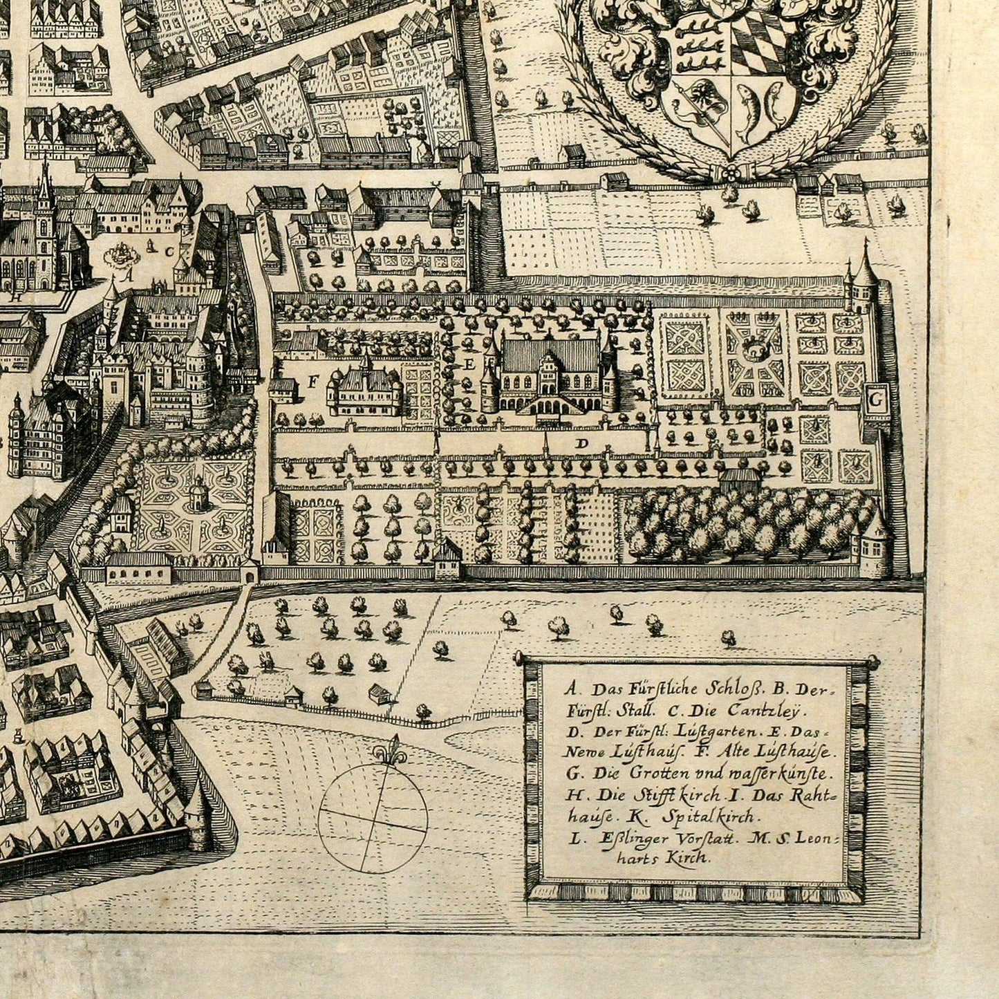 Vintage map or engraving of a historical estate with buildings and gardens.