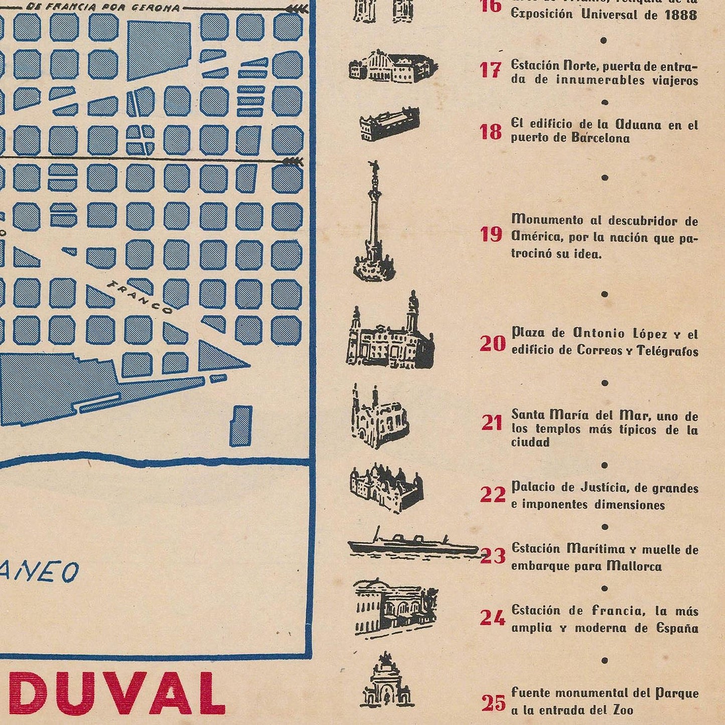 Vintage map with illustrations of buildings and landmarks, featuring the brand 'Duval'.