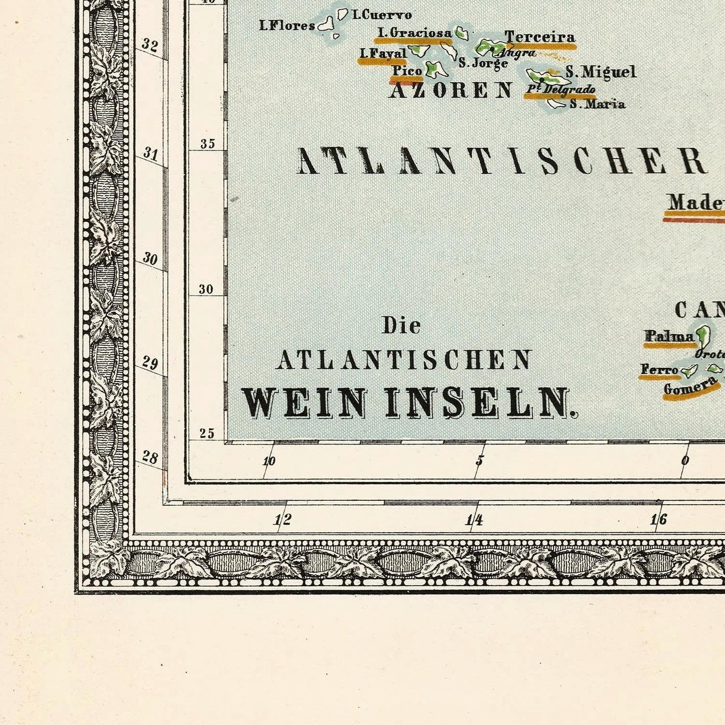 Vintage map of Atlantic wine islands with decorative border and text