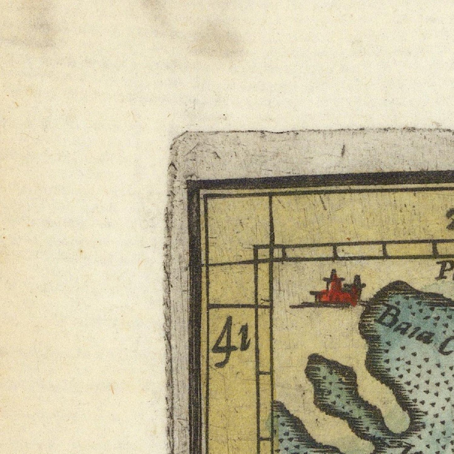 Corner of an old map with a red ship illustration on a beige background