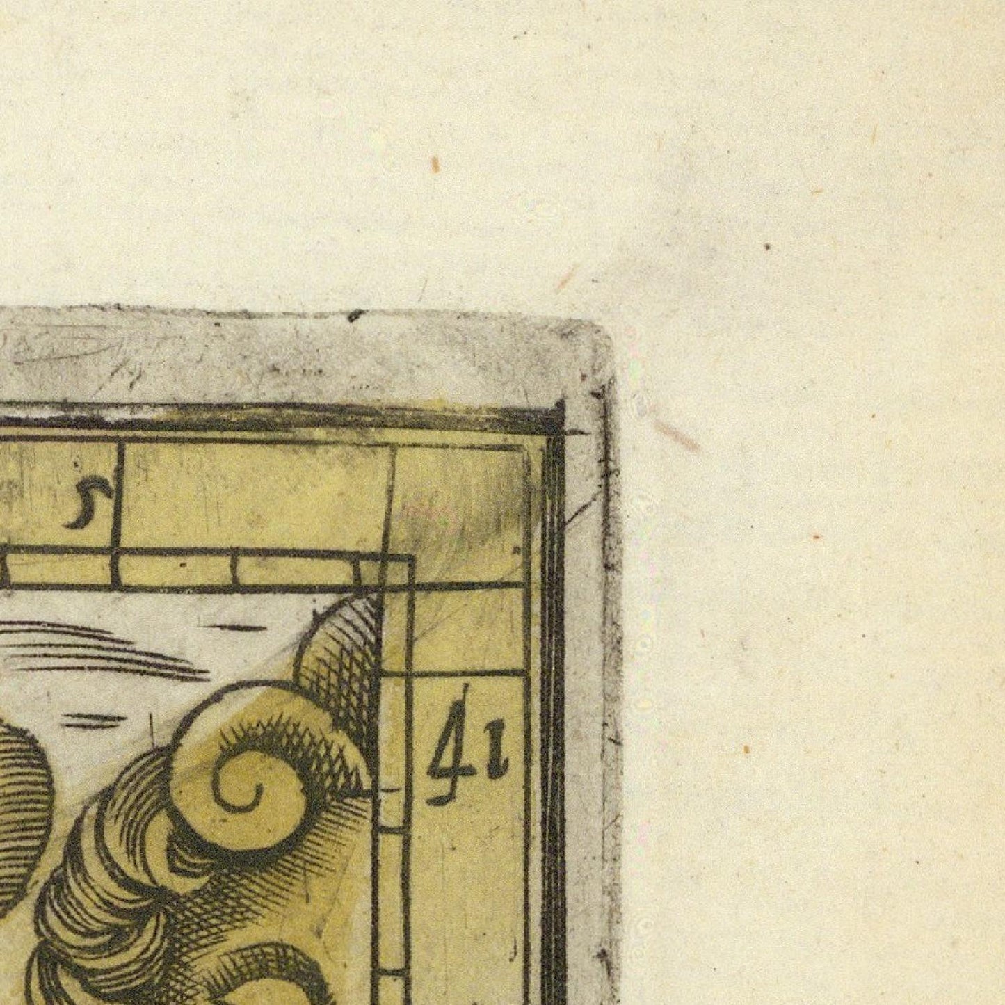 Close-up of a vintage illustration with architectural elements and numbers on a beige background