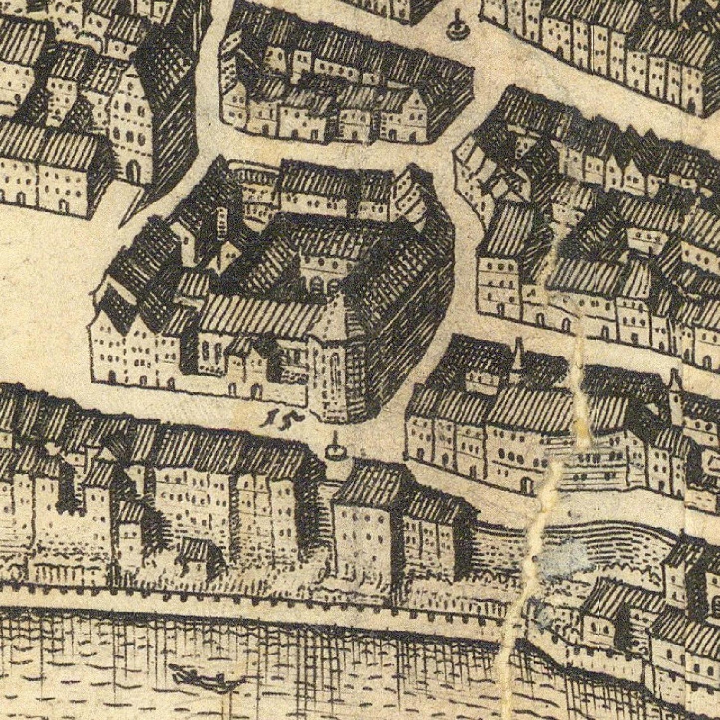 Vintage map of a city layout with buildings and waterways