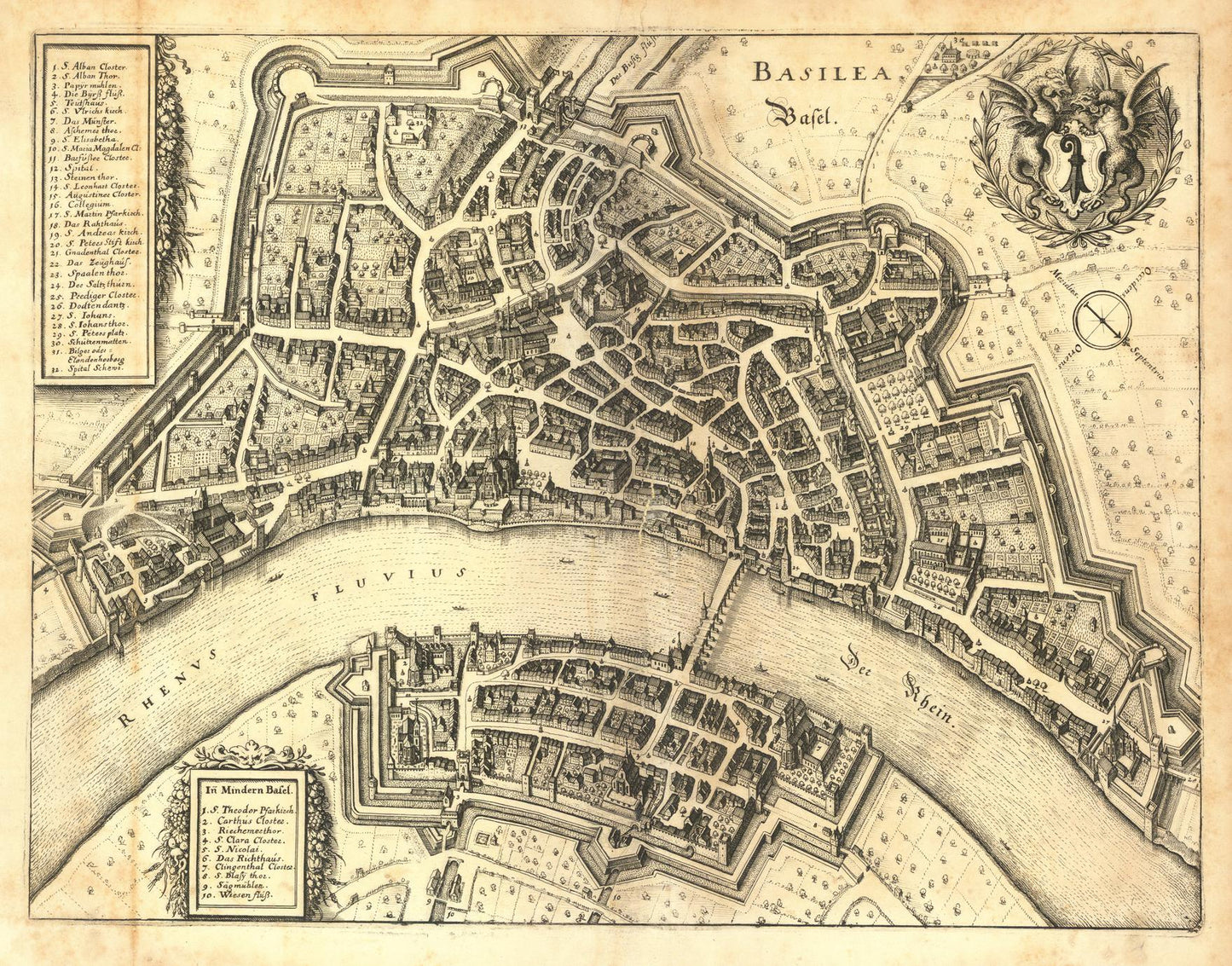 Vintage map of a city layout with rivers and fortifications
