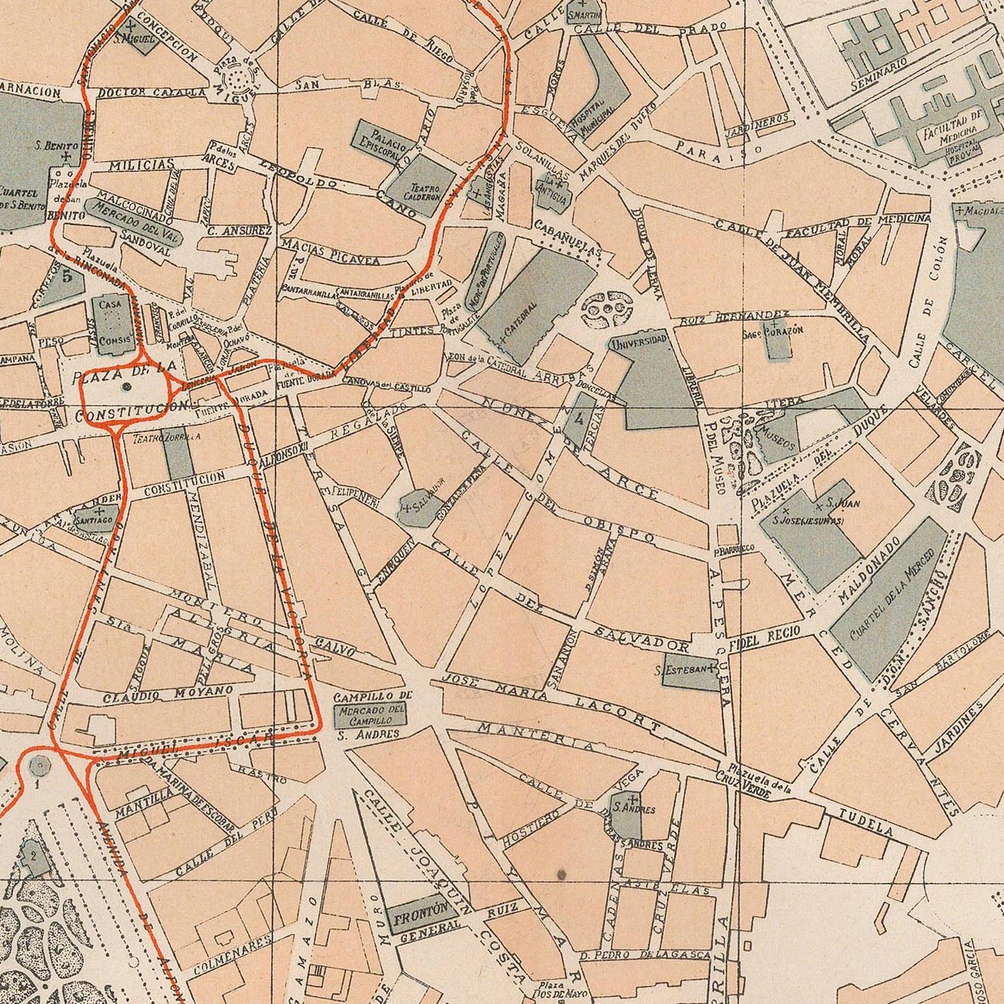 Vintage map of a city layout with streets and buildings