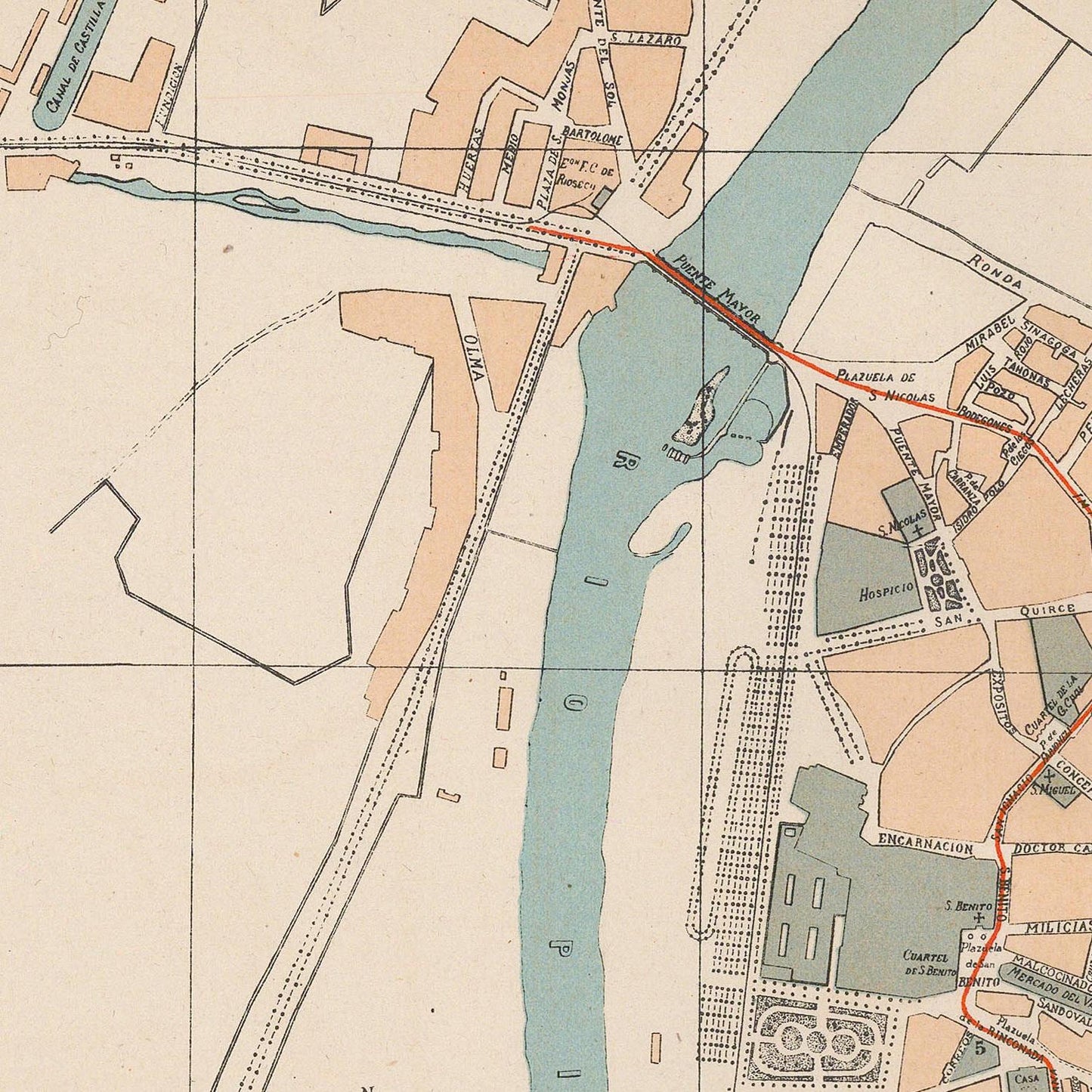 Old map of a city layout with roads, buildings, and a river.