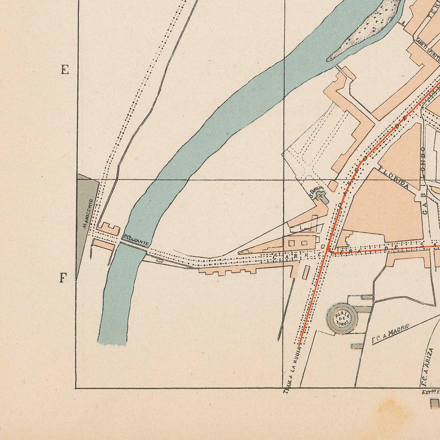 Old map of a city layout with roads, buildings, and a river.