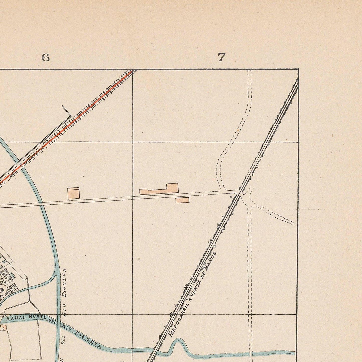 Vintage map section with grid lines, roads, and labels on a beige background