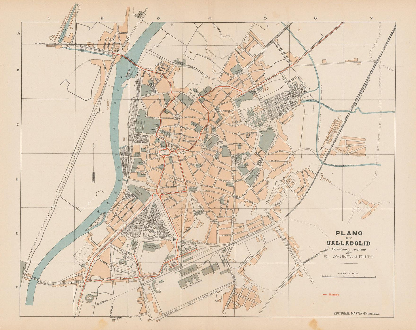 Vintage map of Valladolid with colored districts and a river