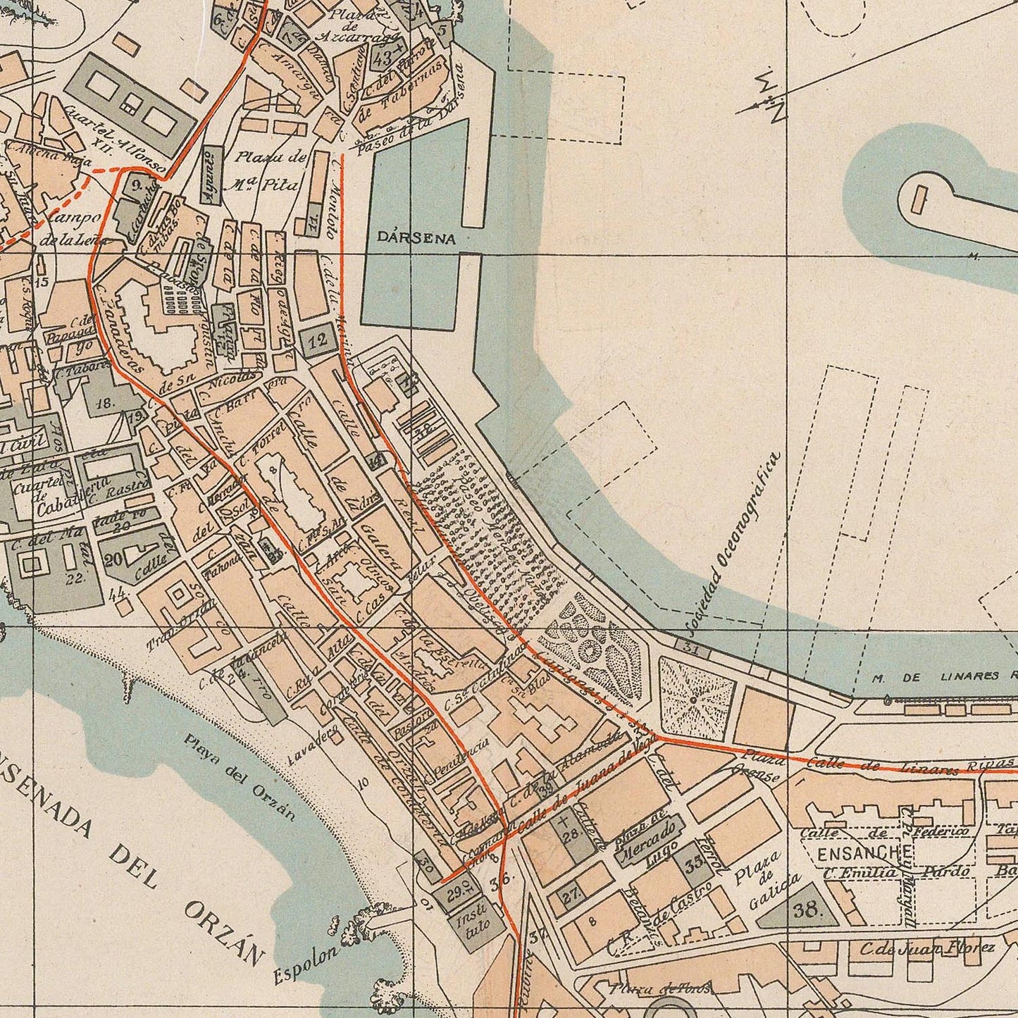 Vintage map of a coastal city layout with streets and landmarks.