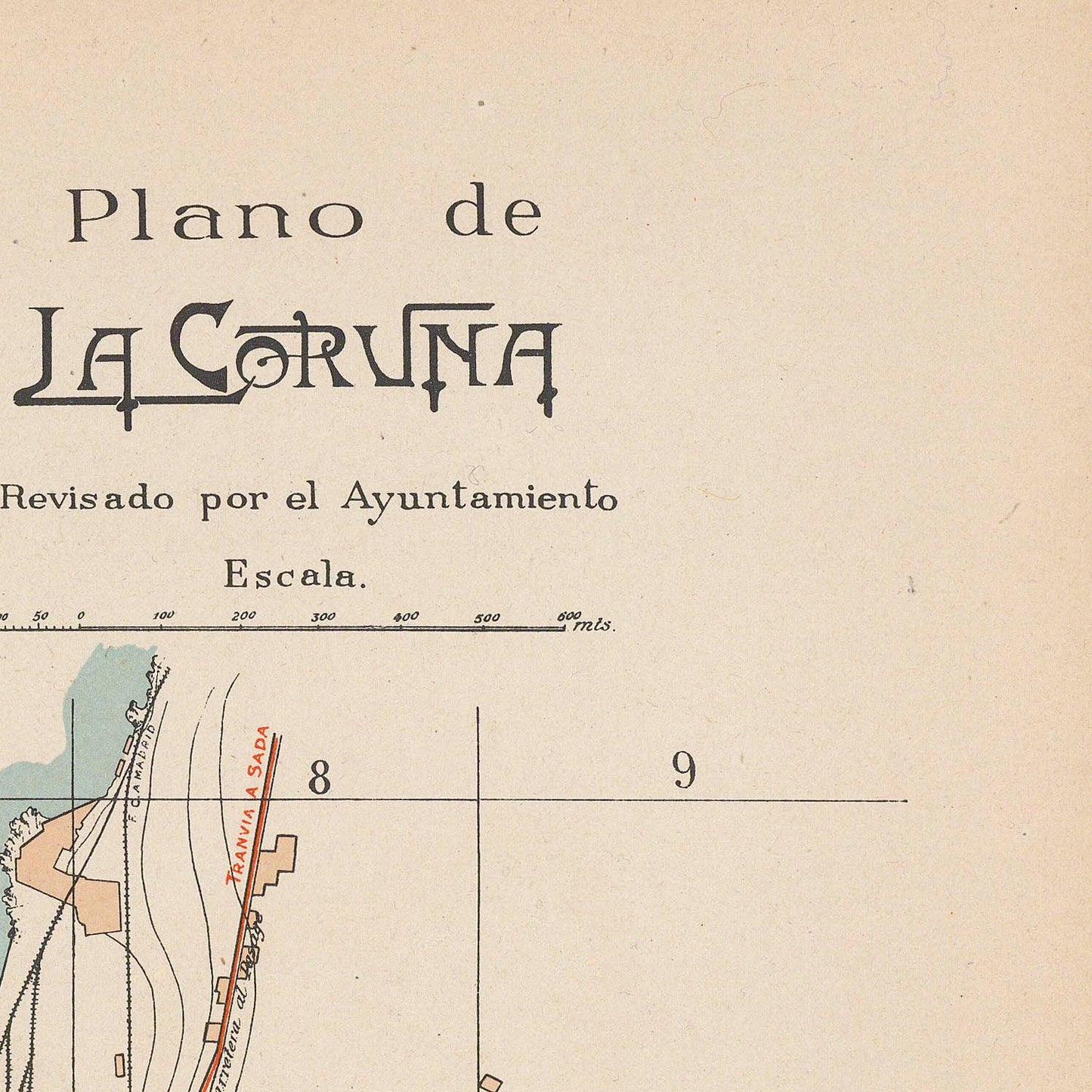 Vintage map of La Coruna with text and scale, on a beige background