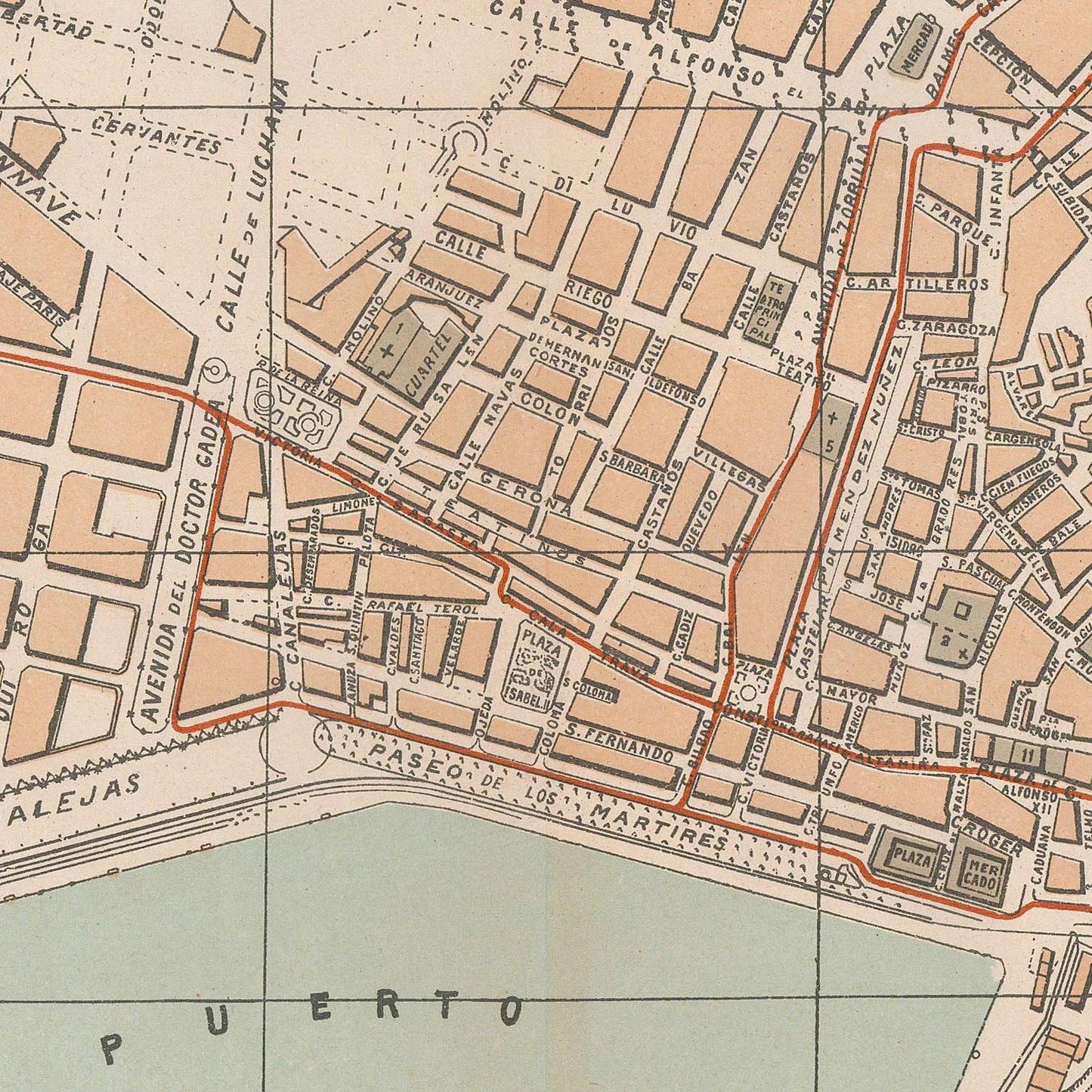 Vintage map of a city layout with streets and buildings