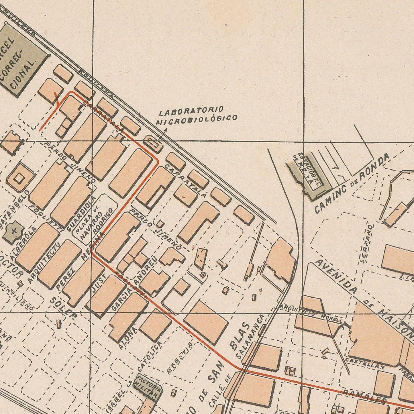 Vintage map of a city layout with labeled streets and buildings