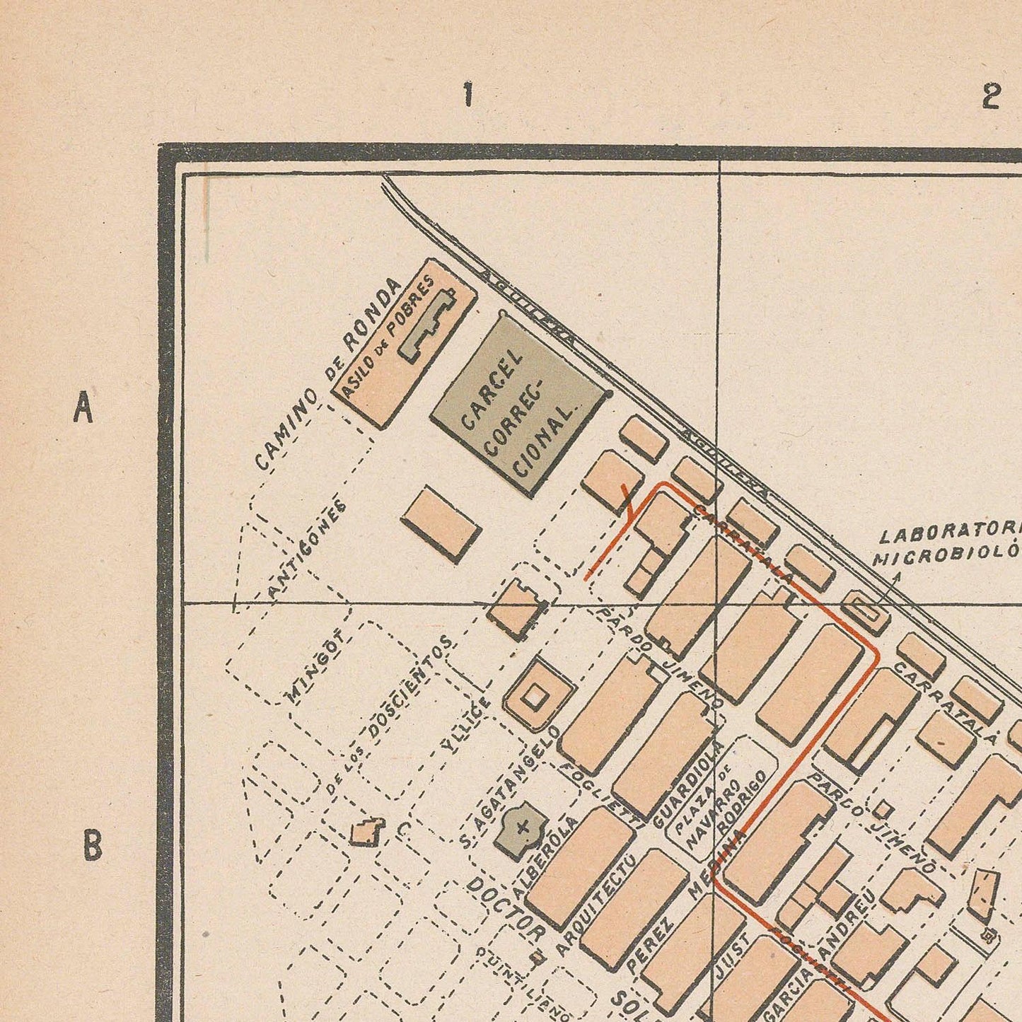 Vintage map of a layout with labeled sections and buildings on a beige background