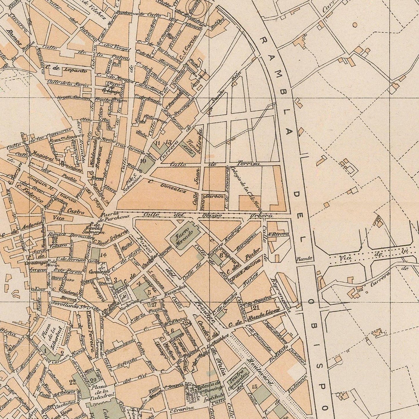 Vintage map of a city layout with streets and buildings