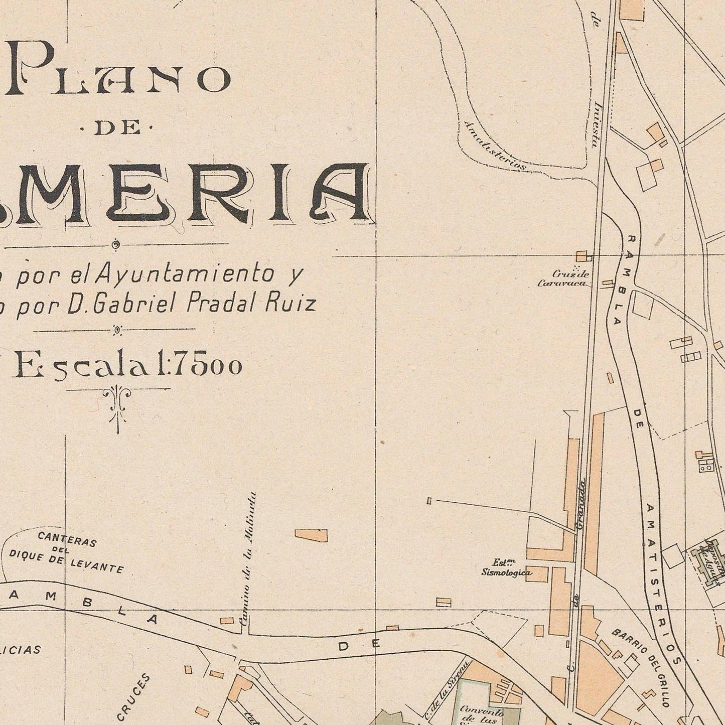 Vintage map of Almería with street names and labels