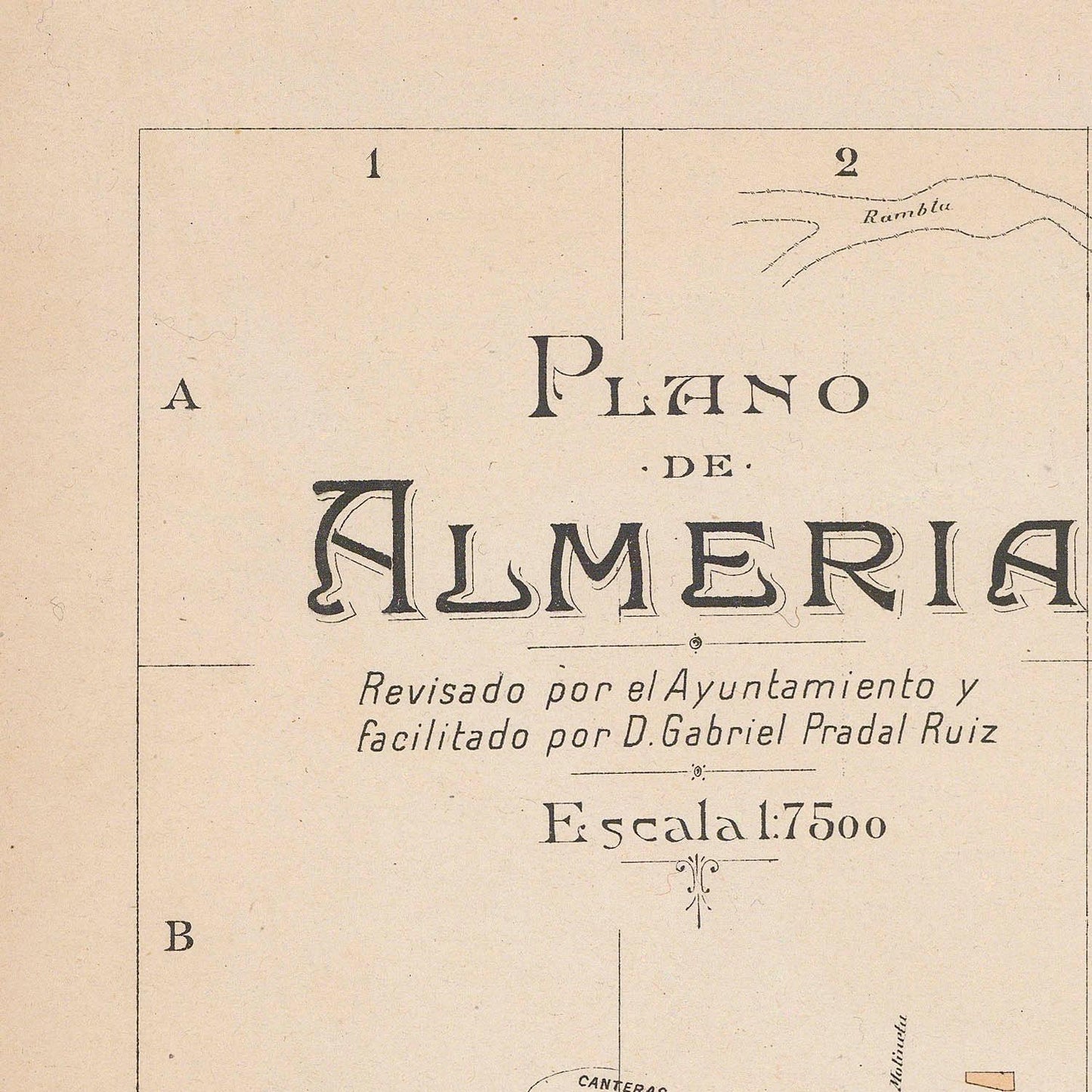 Vintage map of Almeria with text and scale information on a beige background
