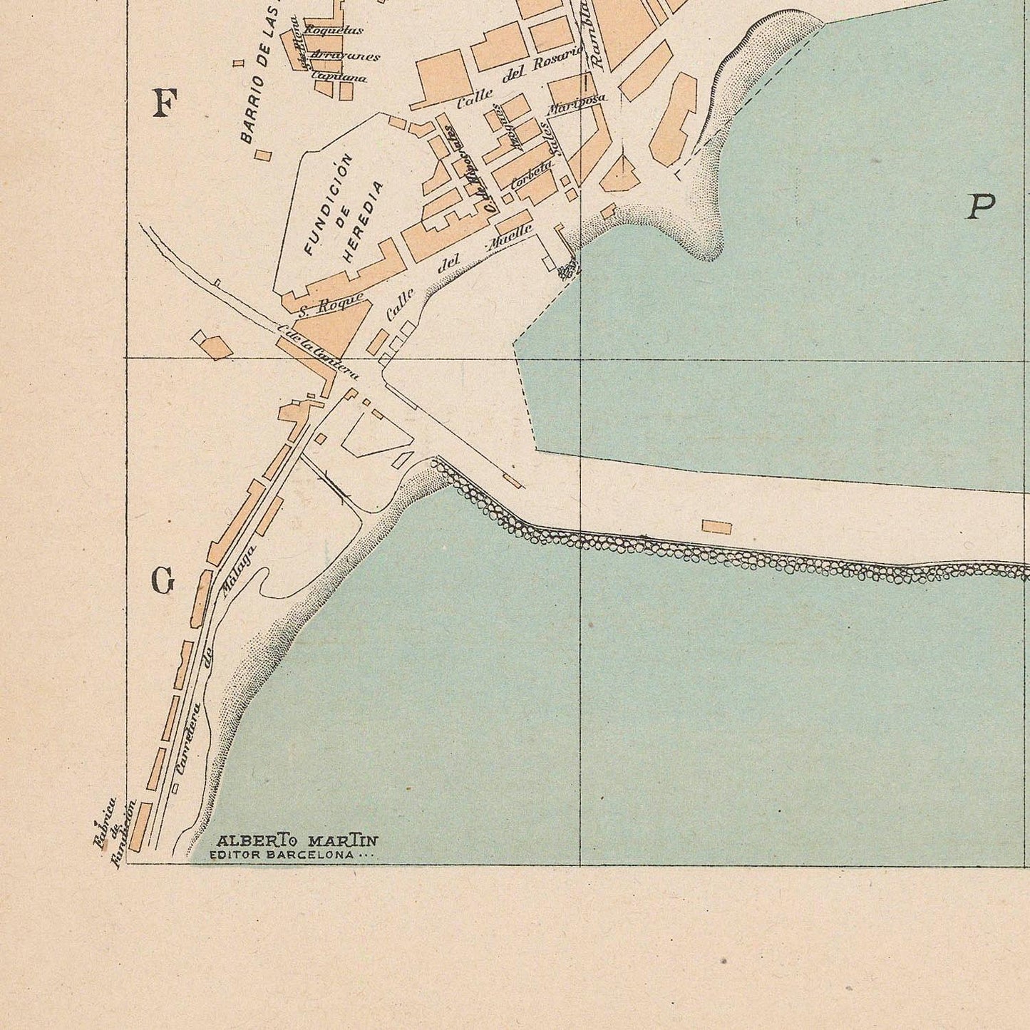 Vintage map of a coastal area with labeled streets and bodies of water.