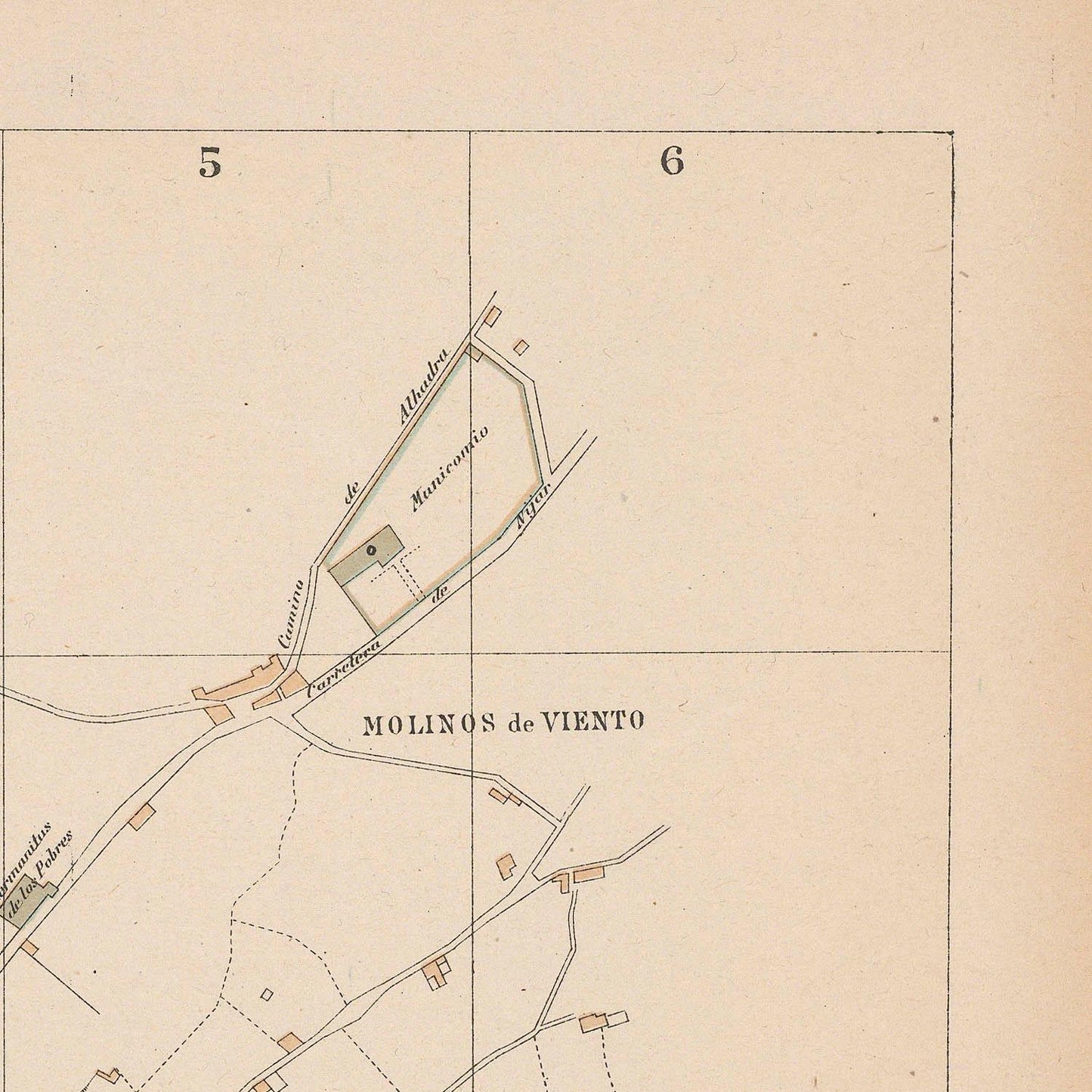 Old map of a location labeled 'Molinos de Viento' with streets and buildings.