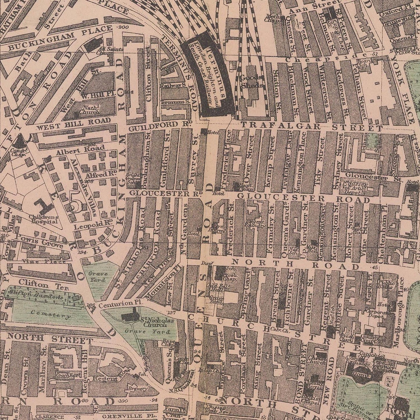 Vintage map of a city street layout with labeled roads and buildings.