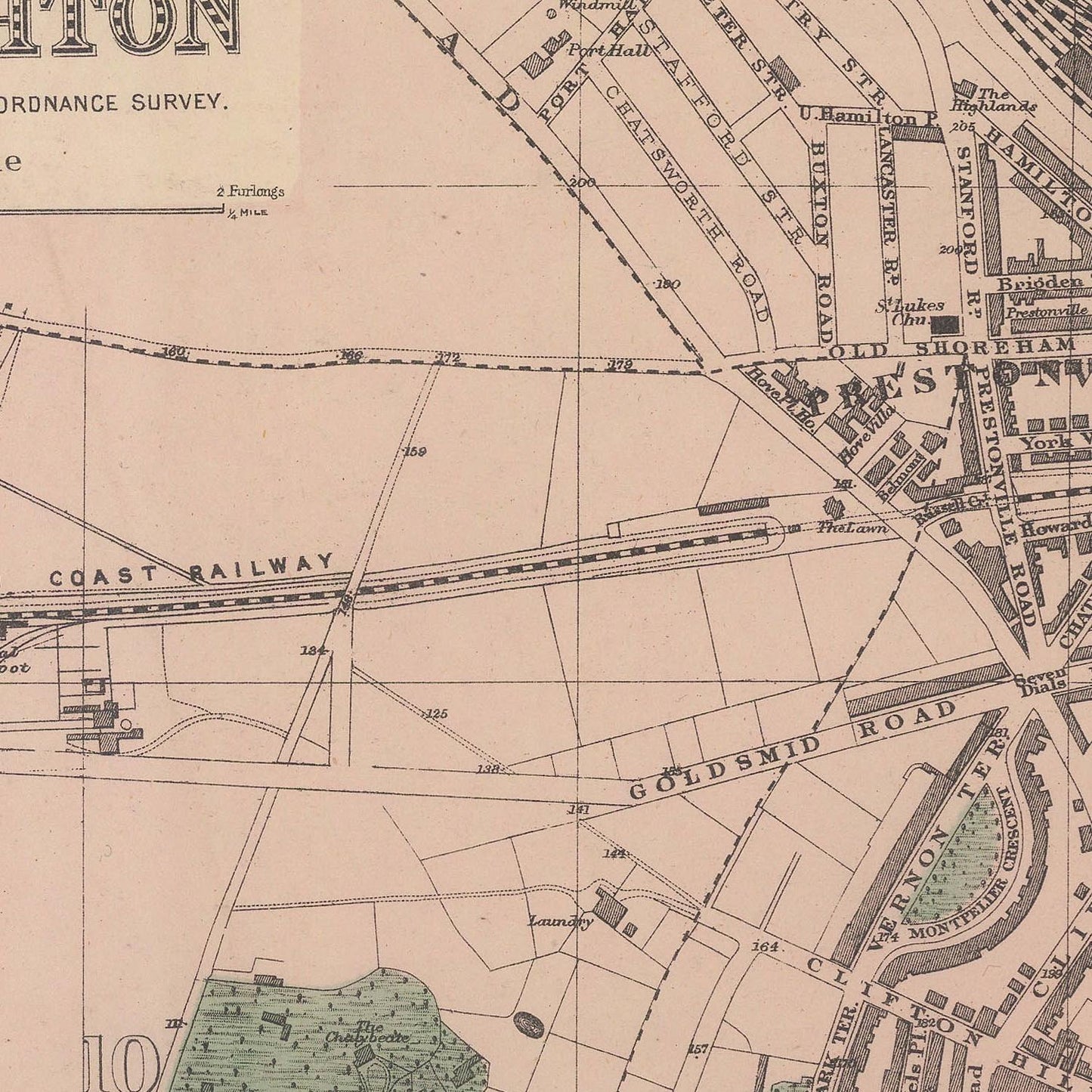 Vintage map of a town with roads and buildings labeled