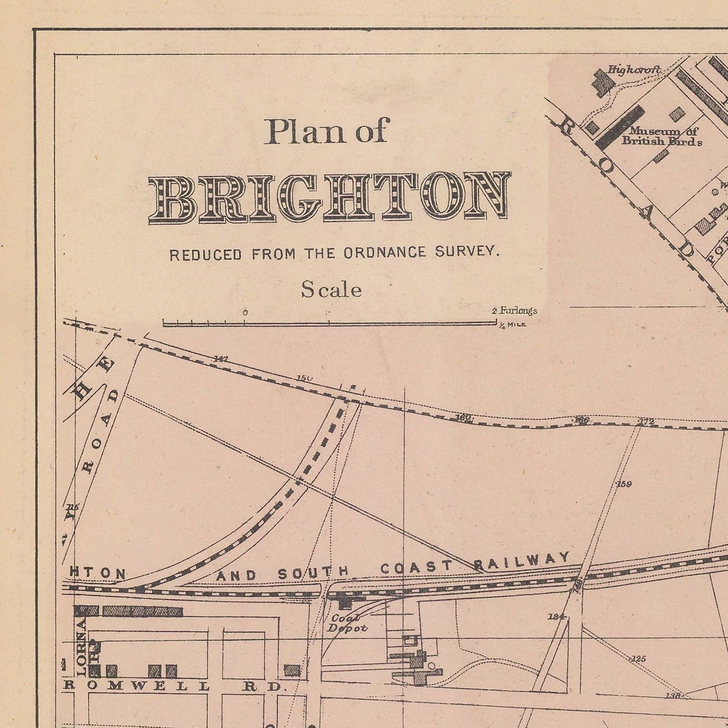 Vintage map of Brighton reduced from the Ordnance Survey, showing roads and railway lines.