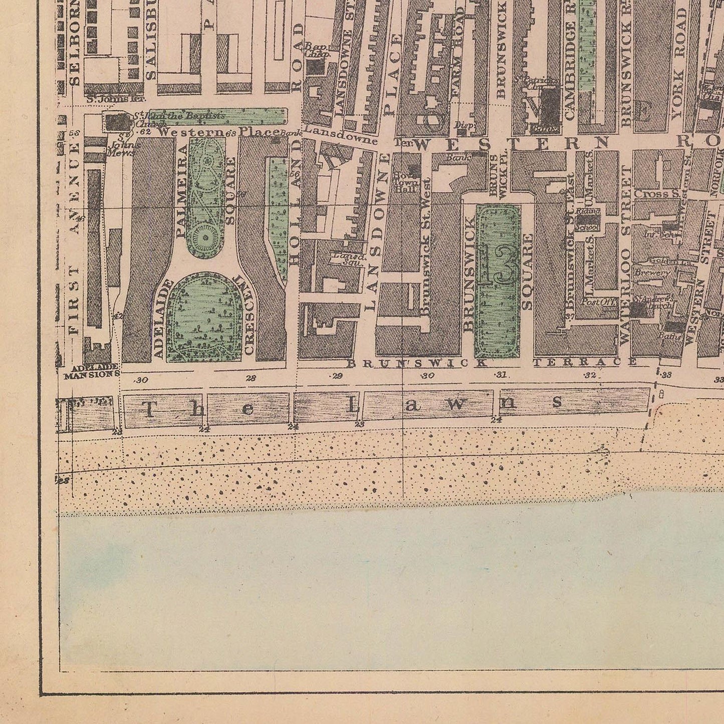 Vintage map of a city layout with streets and green spaces