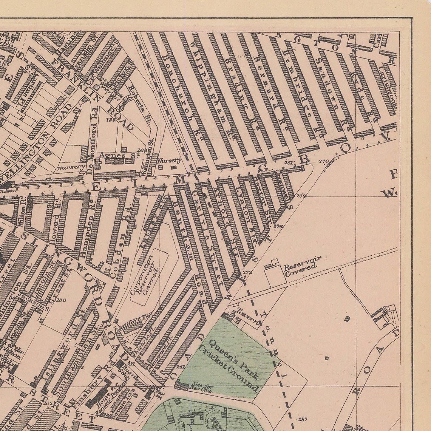 Vintage map of a city layout with streets and landmarks