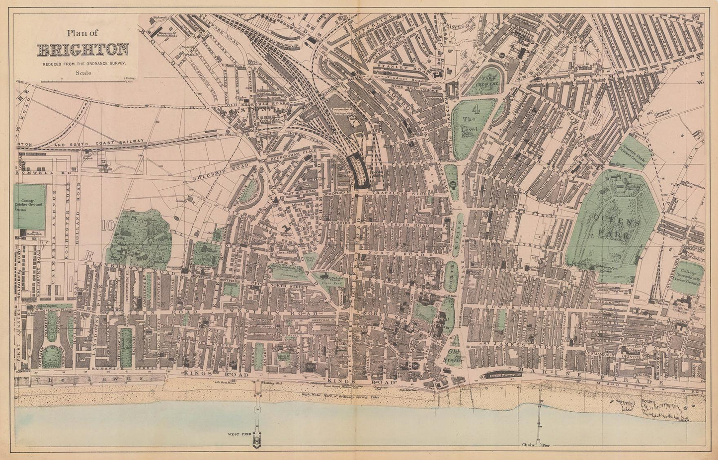Vintage map of Brighton with labeled streets and landmarks