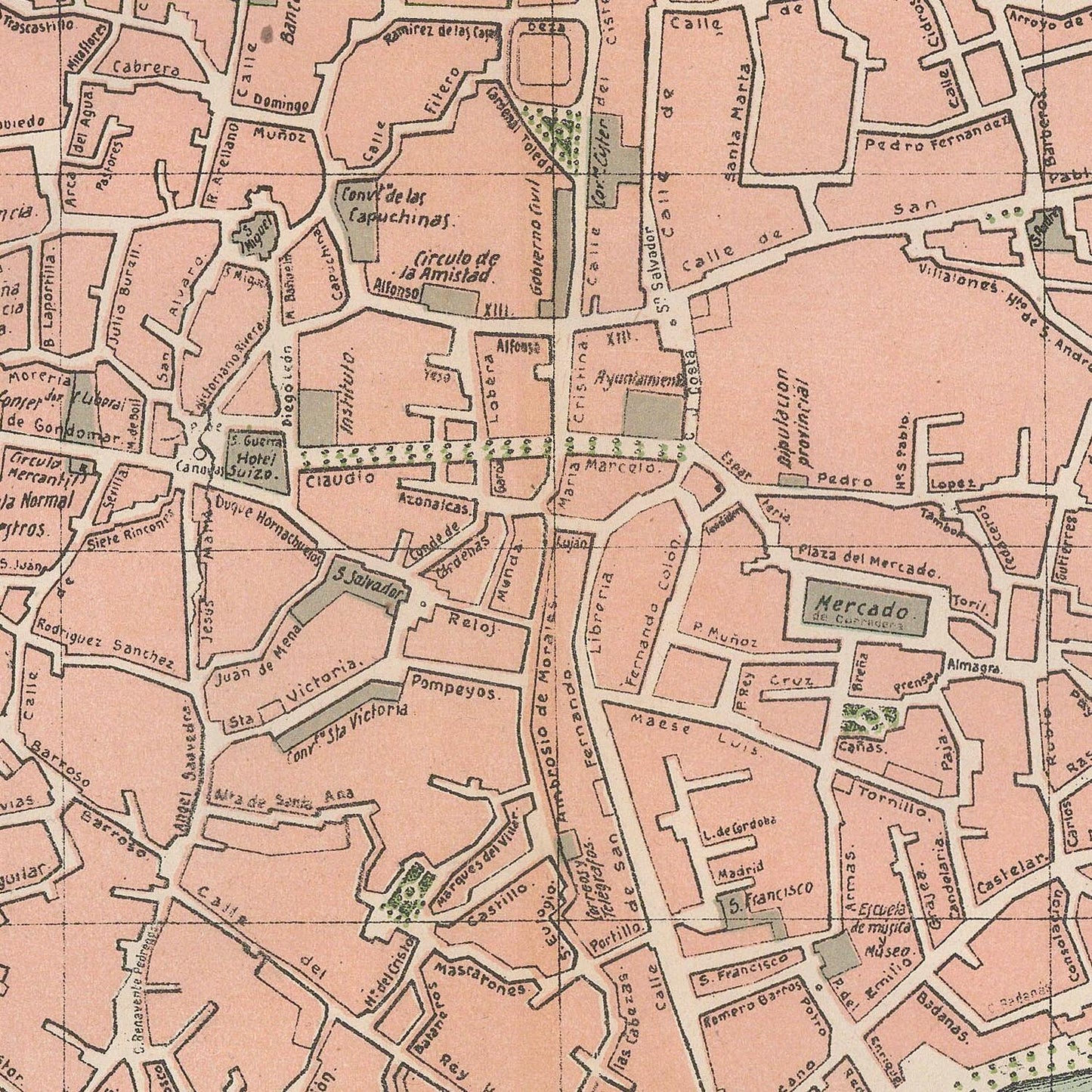 Old map of a city layout with streets and buildings