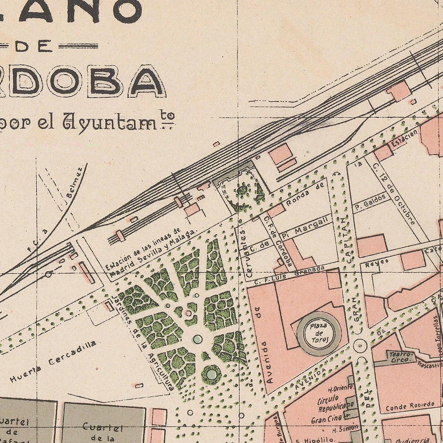 Vintage map of a city layout with streets and parks, featuring text and color编码.