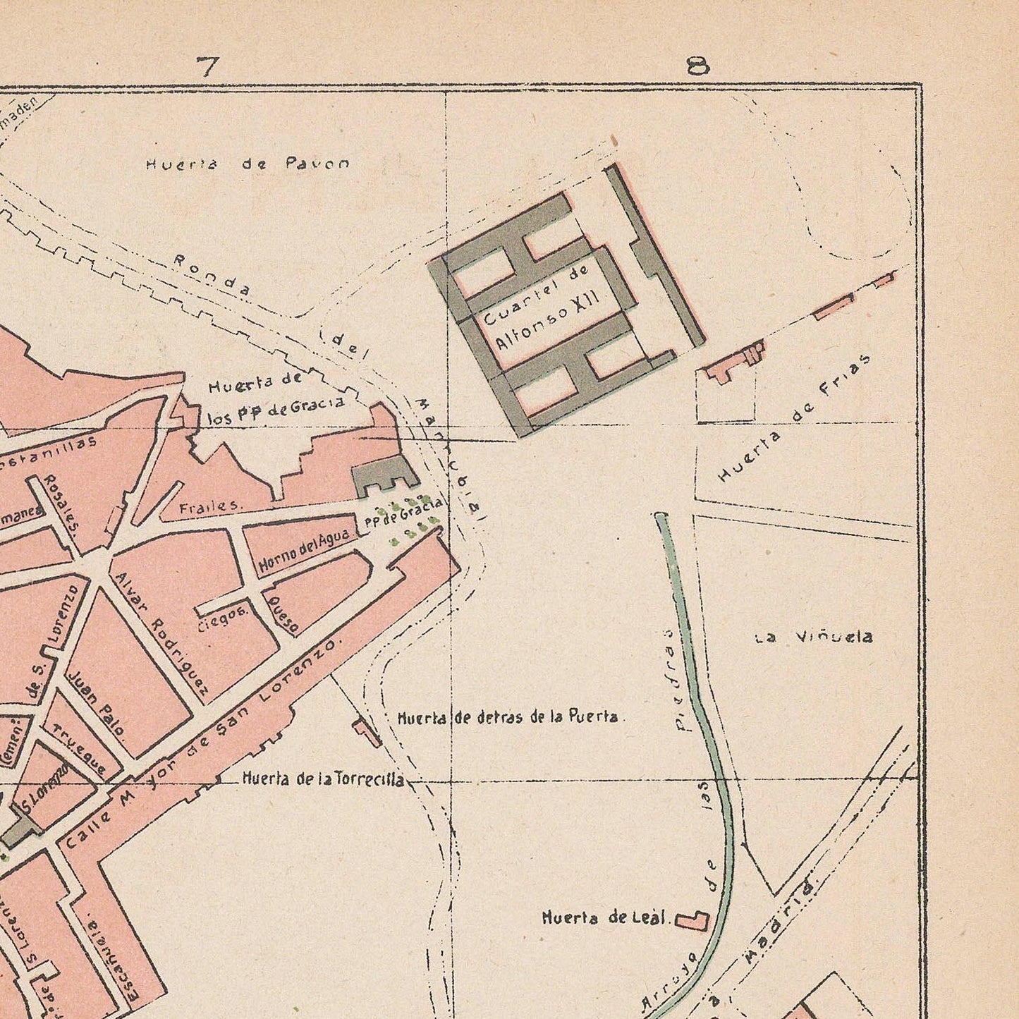 Old map of a city layout with streets and buildings labeled