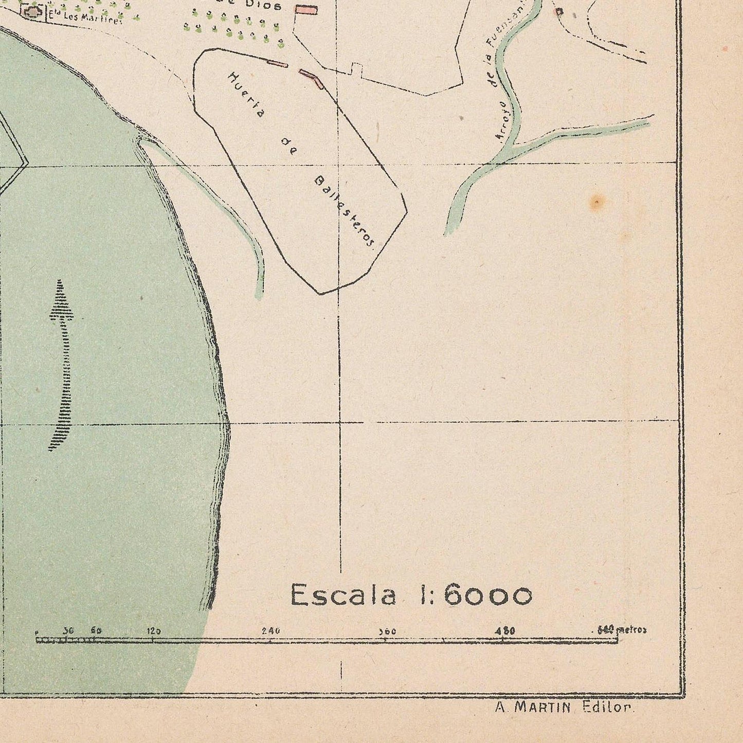 Old map with labeled areas and a scale, featuring text and geometric shapes.