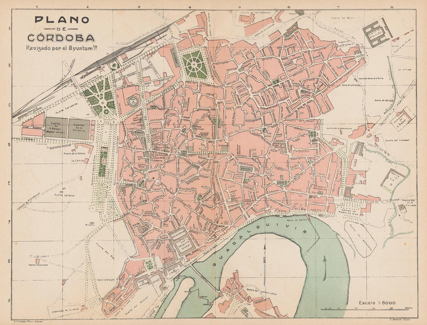 Vintage map of Córdoba, Spain with colored sections and labeled streets.