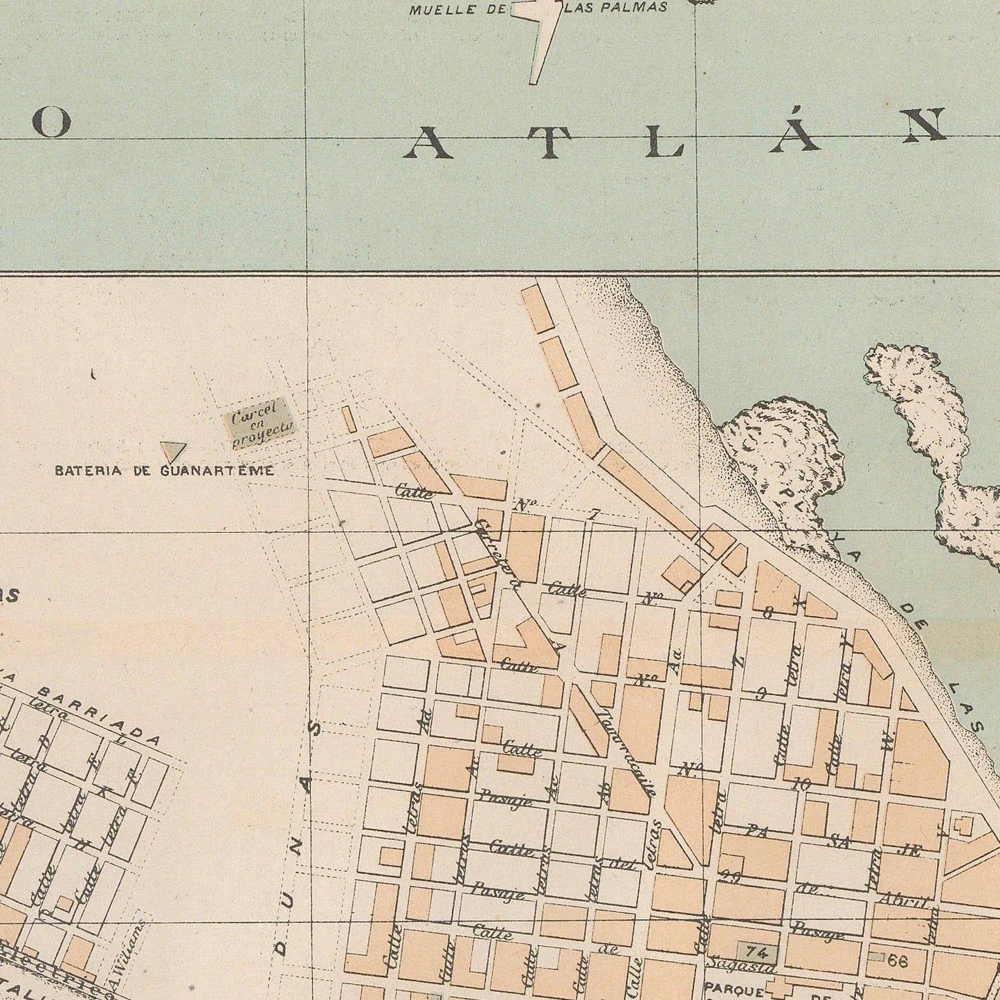 Vintage map of a coastal area with streets and landmarks labeled