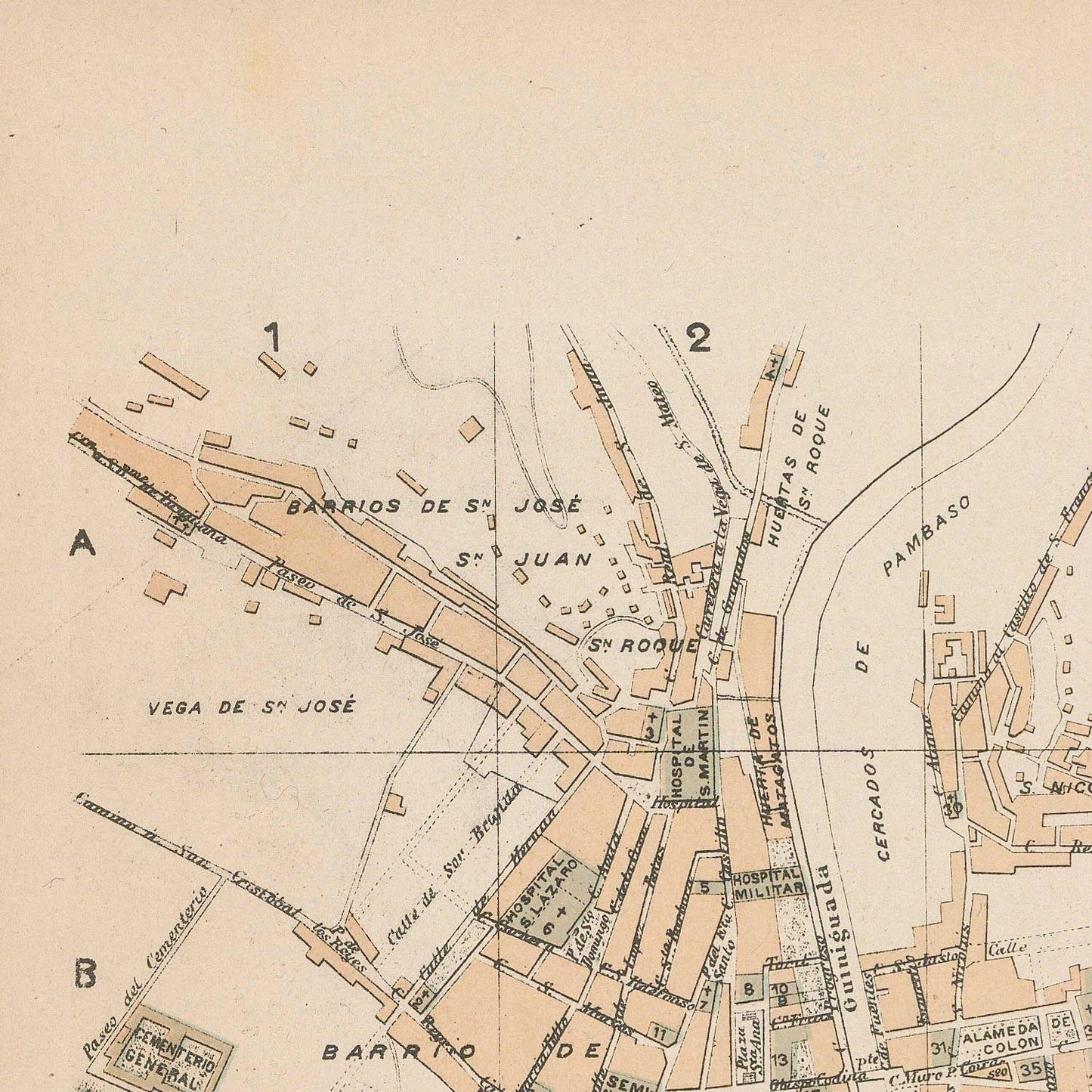 Vintage map of a city layout with streets and landmarks