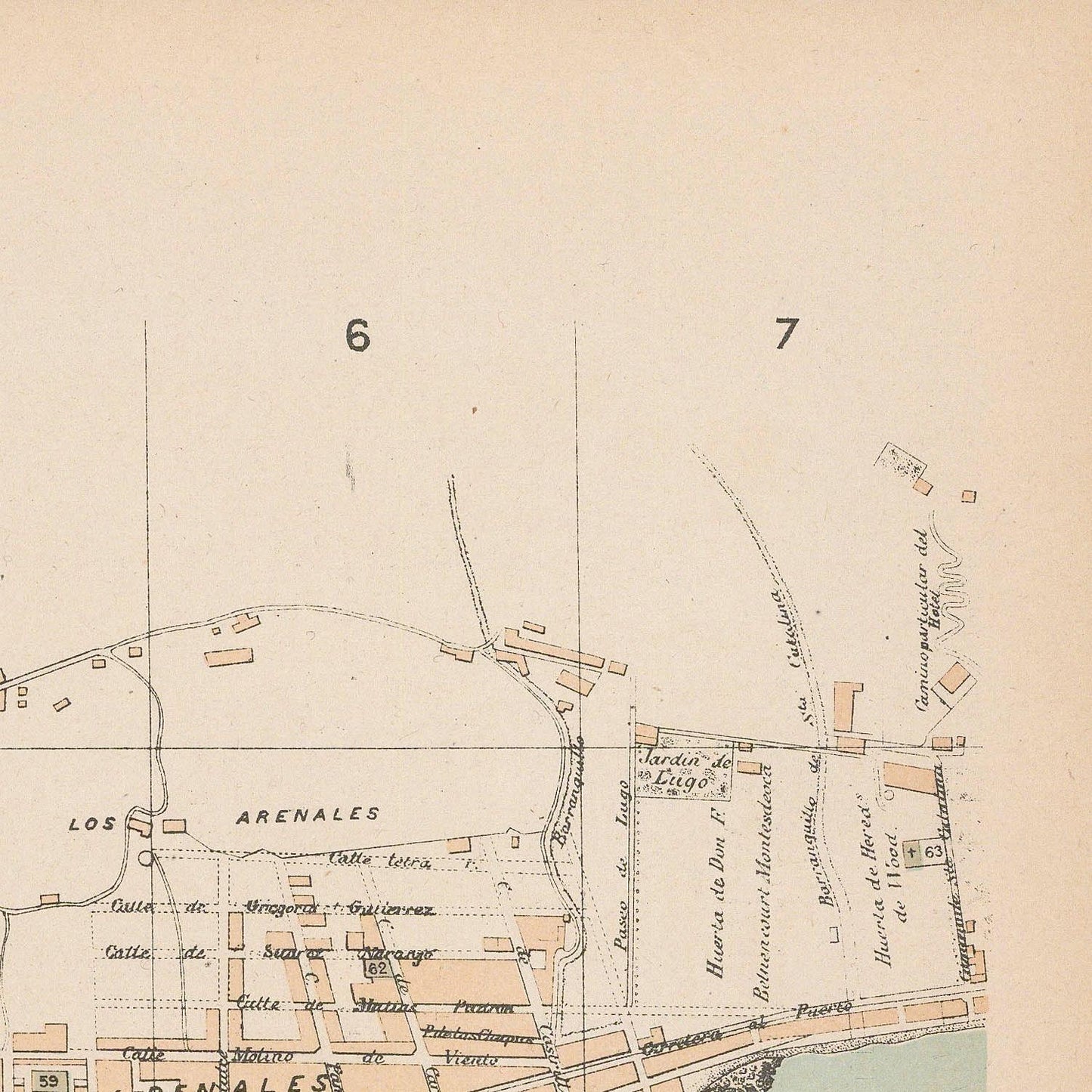 Vintage map of a coastal area with labeled streets and landmarks