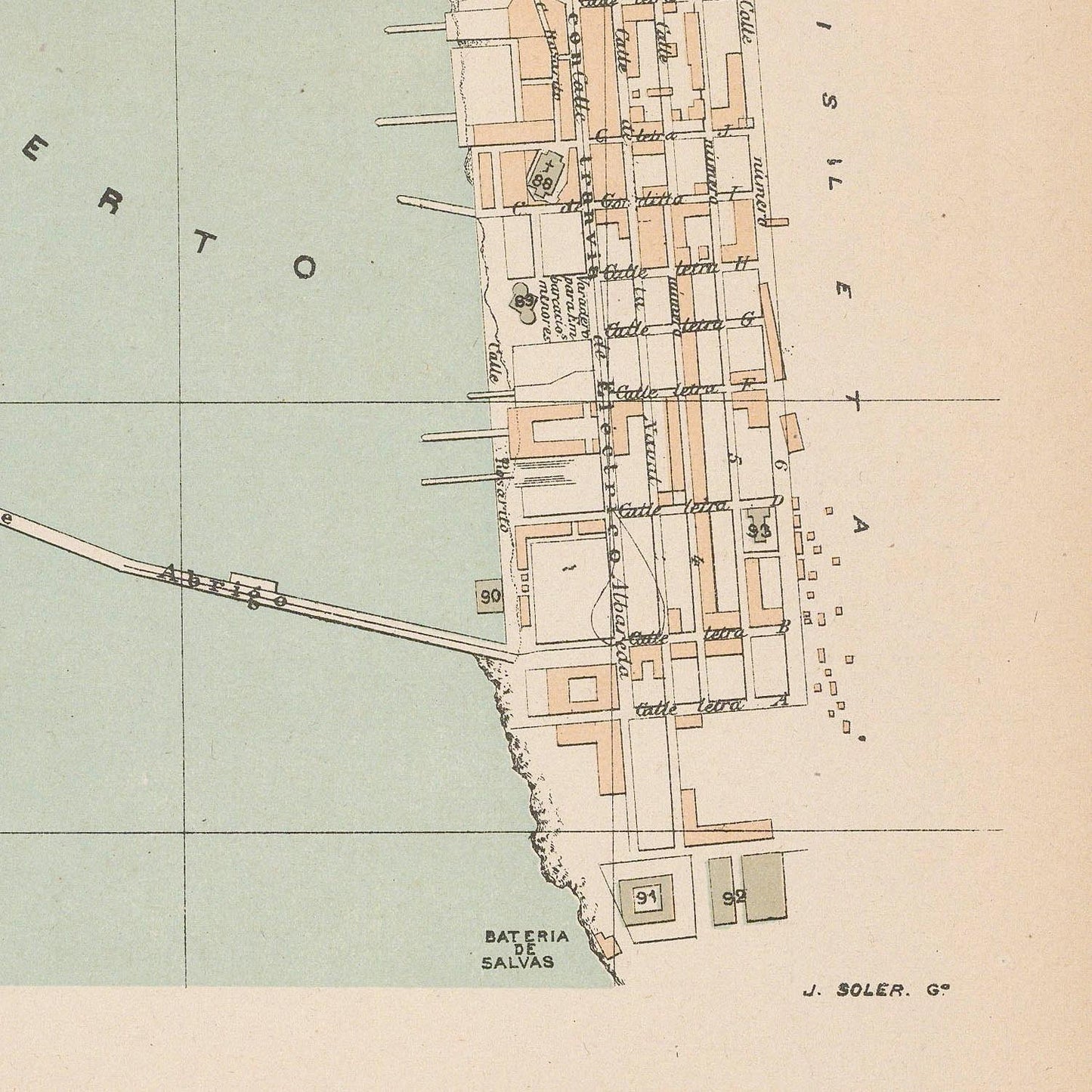 Vintage map of a coastal area with streets and buildings labeled