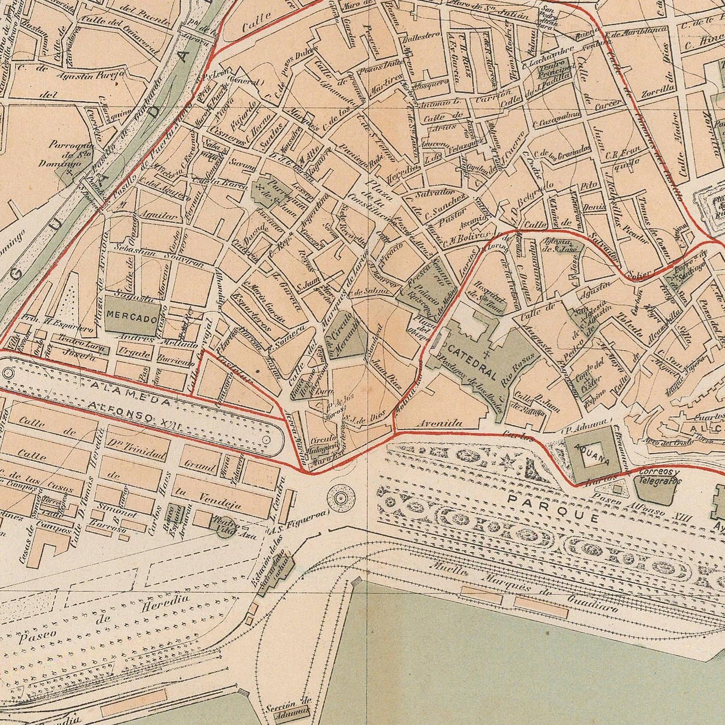 Vintage map of a city layout with streets and landmarks