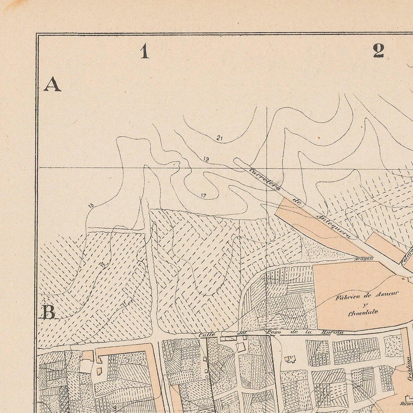 Vintage map with labeled sections A and B on a beige background